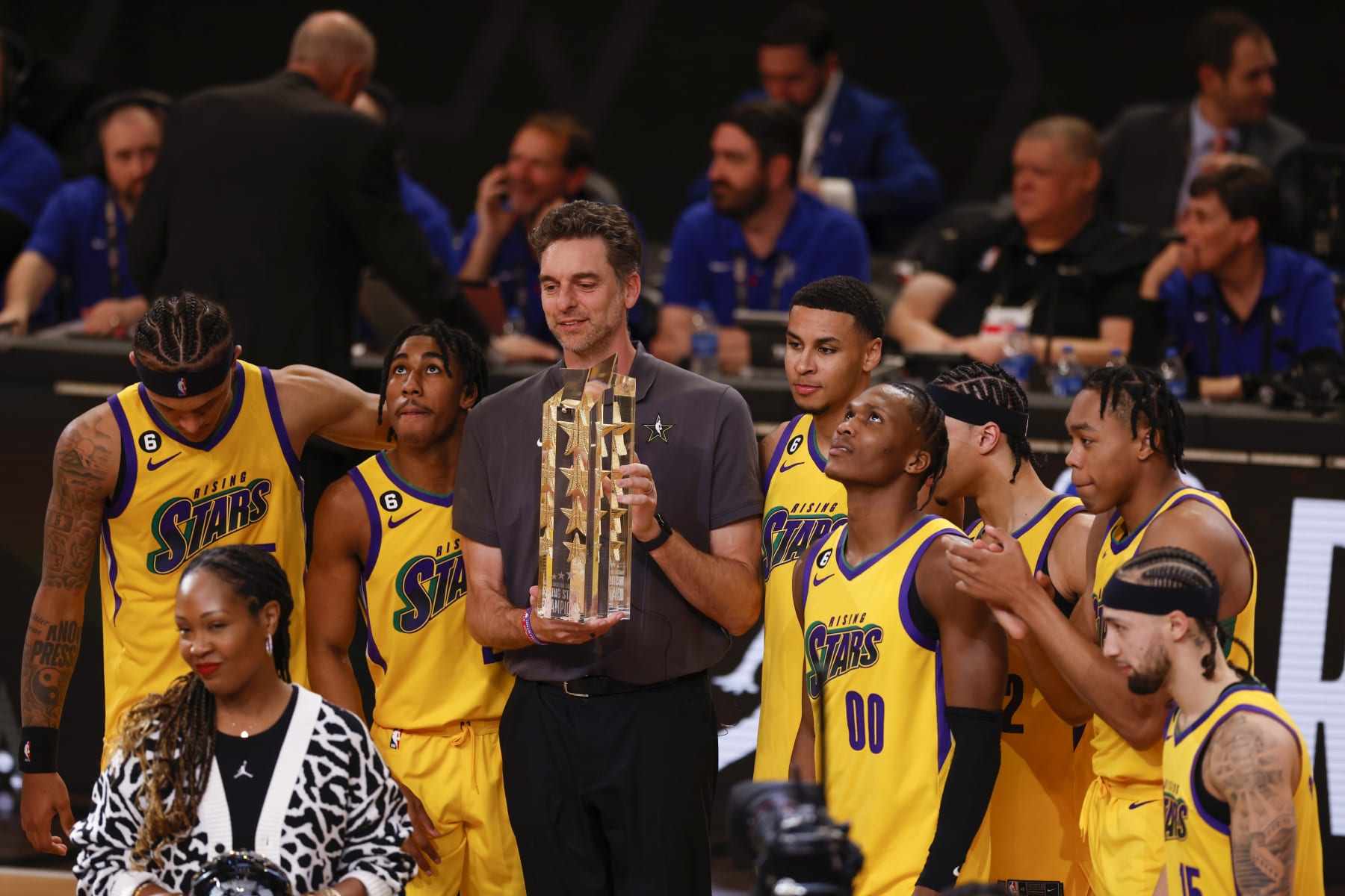 SALT LAKE CITY, UT - FEBRUARY 17: A view of Team Pau celebrating after the game during Jordan Rising Stars Game as part of 2023 NBA All Star Weekend on Friday, February 17, 2023 at Vivint Arena in Salt Lake City, Utah. NOTE TO USER: User expressly acknowledges and agrees that, by downloading and/or using this Photograph, user is consenting to the terms and conditions of the Getty Images License Agreement. Mandatory Copyright Notice: Copyright 2023 NBAE (Photo by Mercedes Oliver/NBAE via Getty Images)