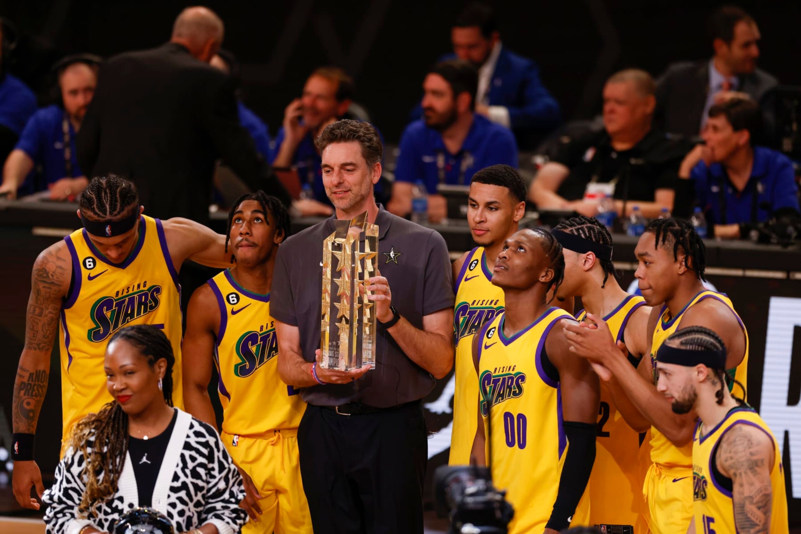 SALT LAKE CITY, UT - FEBRUARY 17: A view of Team Pau celebrating after the game during Jordan Rising Stars Game as part of 2023 NBA All Star Weekend on Friday, February 17, 2023 at Vivint Arena in Salt Lake City, Utah. NOTE TO USER: User expressly acknowledges and agrees that, by downloading and/or using this Photograph, user is consenting to the terms and conditions of the Getty Images License Agreement. Mandatory Copyright Notice: Copyright 2023 NBAE (Photo by Mercedes Oliver/NBAE via Getty Images)