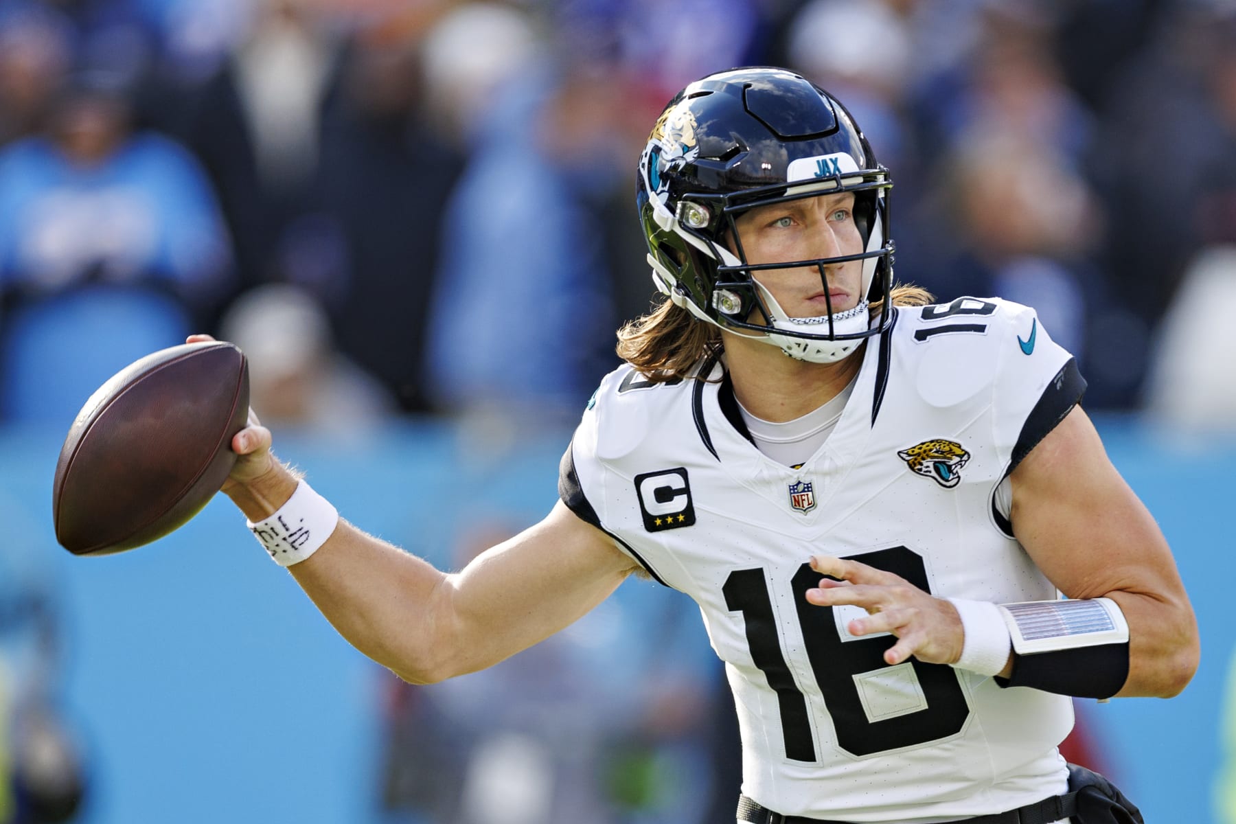 NASHVILLE TENNESSEE - JANUARY 07: Trevor Lawrence #16 of the Jacksonville Jaguars throws a pass during the game against the Tennessee Titans in Nashville, Tennessee at Nissan Stadium on January 7, 2024 in Houston, Texas. The Titans defeated the Jaguars 28-20.  (Photo by Wesley Hitt/Getty Images)
