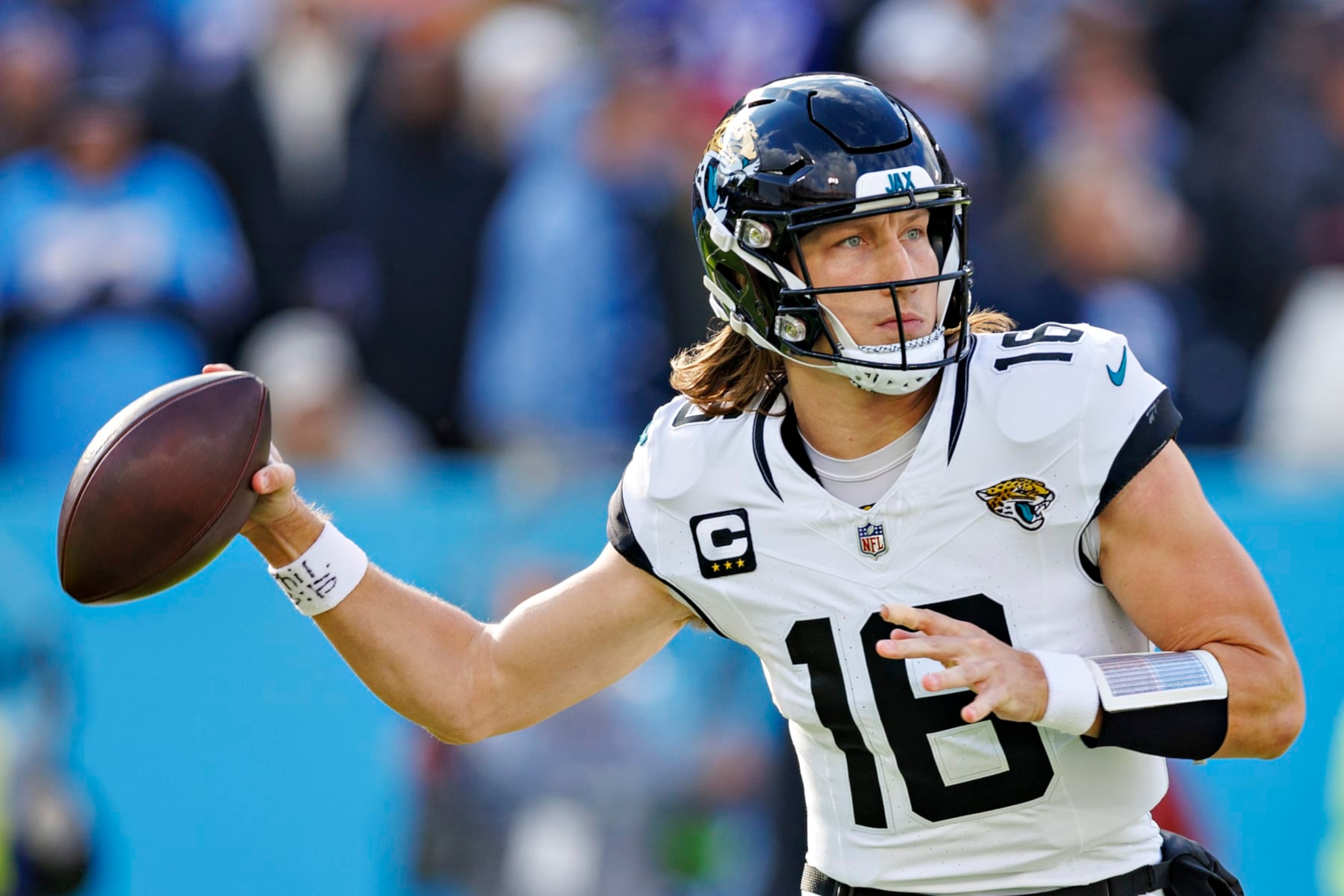 NASHVILLE TENNESSEE - JANUARY 07: Trevor Lawrence #16 of the Jacksonville Jaguars throws a pass during the game against the Tennessee Titans in Nashville, Tennessee at Nissan Stadium on January 7, 2024 in Houston, Texas. The Titans defeated the Jaguars 28-20.  (Photo by Wesley Hitt/Getty Images)