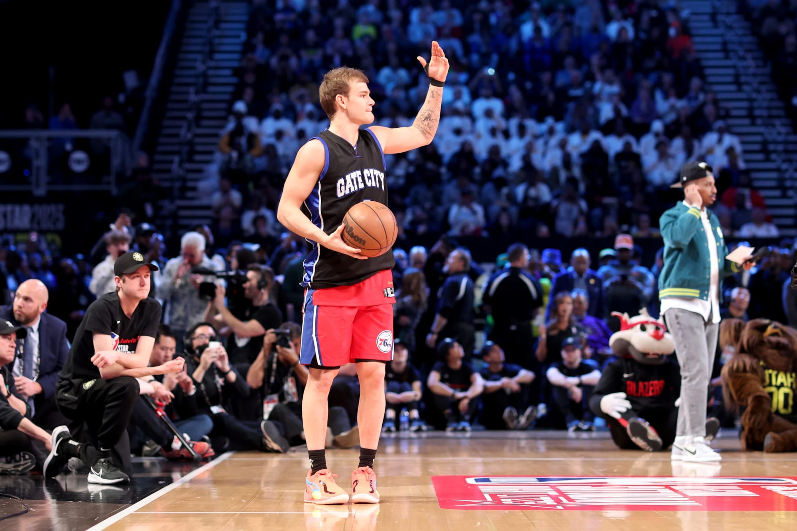 SALT LAKE CITY, UTAH - FEBRUARY 18: Mac McClung #9 of the Philadelphia 76ers gestures prior to the final round of the 2023 NBA All Star AT&T Slam Dunk Contest at Vivint Arena on February 18, 2023 in Salt Lake City, Utah. NOTE TO USER: User expressly acknowledges and agrees that, by downloading and or using this photograph, User is consenting to the terms and conditions of the Getty Images License Agreement. (Photo by Tim Nwachukwu/Getty Images)