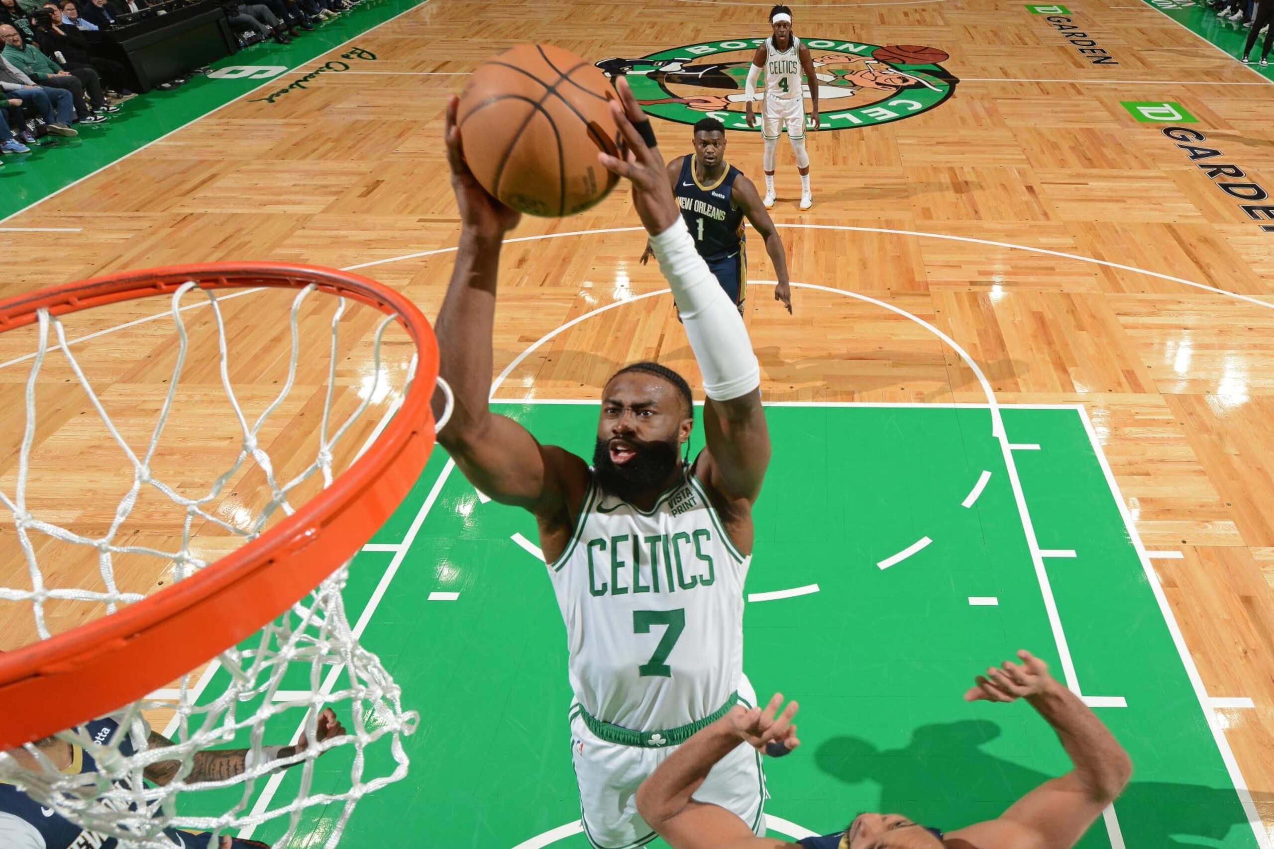 BOSTON, MA - JANUARY 29: Jaylen Brown #7 of the Boston Celtics dunks the ball during the game against the New Orleans Pelicans on January 29, 2024 at the TD Garden in Boston, Massachusetts. NOTE TO USER: User expressly acknowledges and agrees that, by downloading and or using this photograph, User is consenting to the terms and conditions of the Getty Images License Agreement. Mandatory Copyright Notice: Copyright 2024 NBAE  (Photo by Brian Babineau/NBAE via Getty Images)