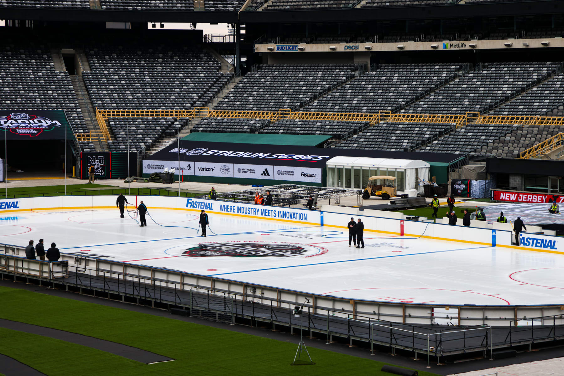 EAST RUTHERFORD, NJ - FEBRUARY11:  Overview of the build-out in preparation for the 2024 Navy Federal Credit Union NHL Stadium Series at MetLife Stadium on February 11, 2024 in East Rutherford, New Jersey. (Photo by Jared Silber/NHLI via Getty Images)