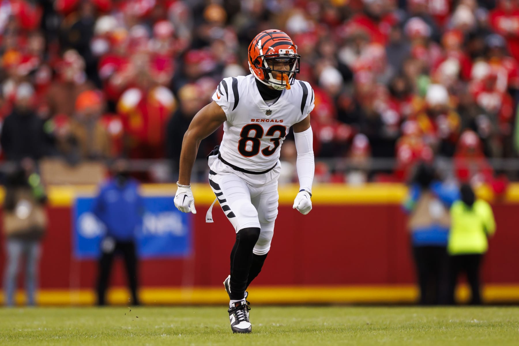KANSAS CITY, MISSOURI - DECEMBER 31: Tyler Boyd #83 of the Cincinnati Bengals runs a route during an NFL football game against the Kansas City Chiefs at GEHA Field at Arrowhead Stadium on December 31, 2023 in Kansas City, Missouri. (Photo by Ryan Kang/Getty Images)