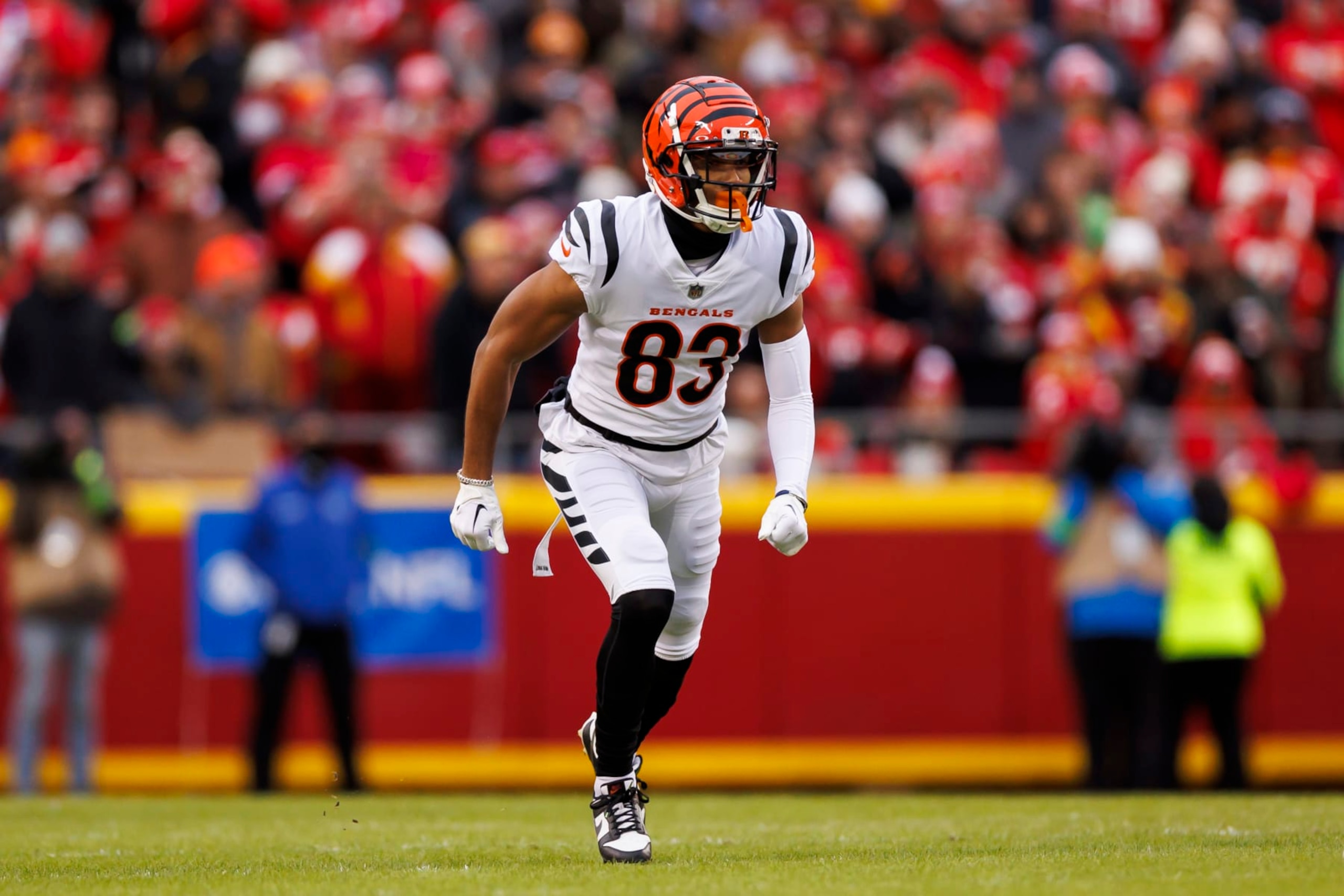 KANSAS CITY, MISSOURI - DECEMBER 31: Tyler Boyd #83 of the Cincinnati Bengals runs a route during an NFL football game against the Kansas City Chiefs at GEHA Field at Arrowhead Stadium on December 31, 2023 in Kansas City, Missouri. (Photo by Ryan Kang/Getty Images) KANSAS CITY, MISSOURI - DECEMBER 31: Tyler Boyd #83 of the Cincinnati Bengals runs a route during an NFL football game against the Kansas City Chiefs at GEHA Field at Arrowhead Stadium on December 31, 2023 in Kansas City, Missouri. (Photo by Ryan Kang/Getty Images)