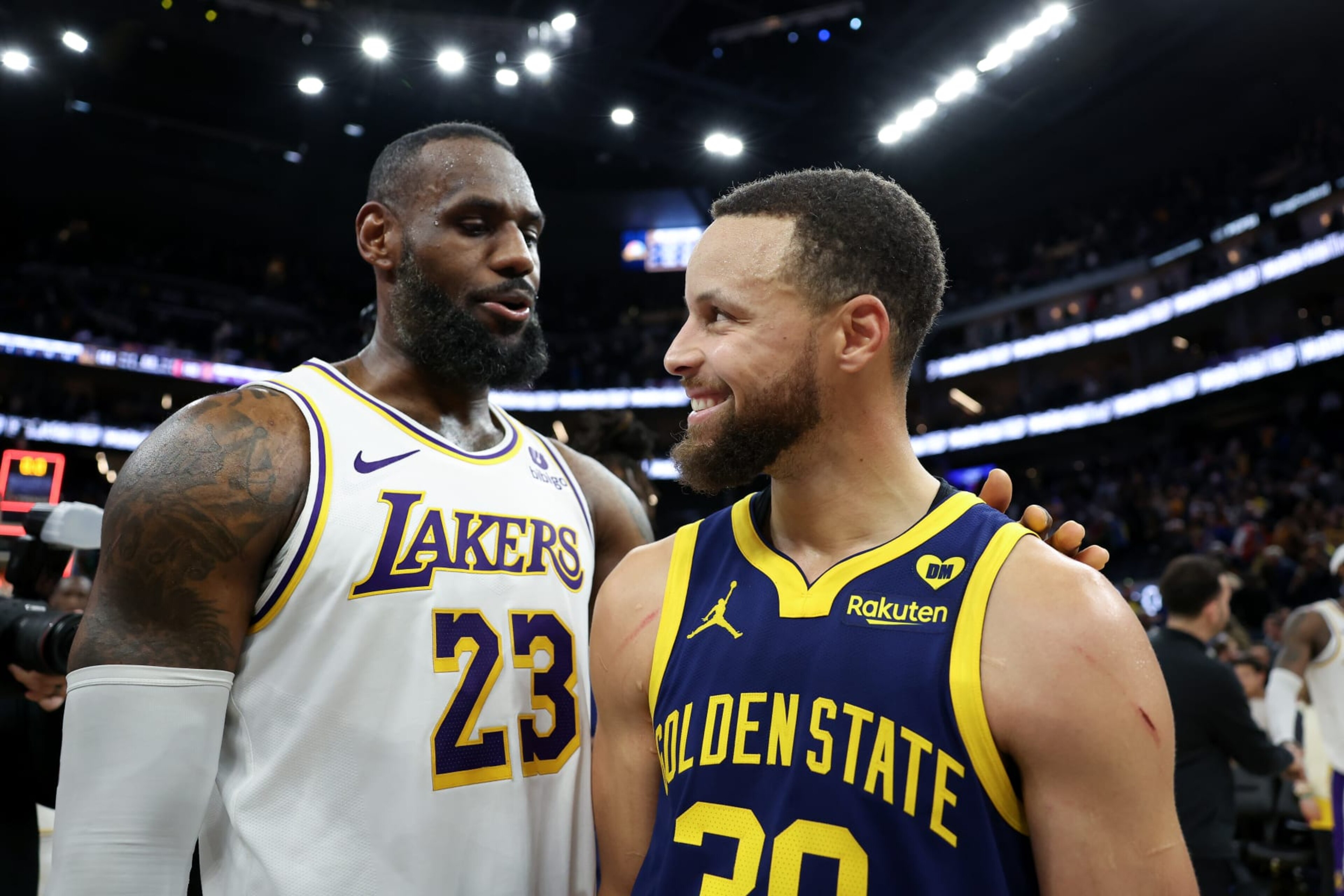 SAN FRANCISCO, CALIFORNIA - JANUARY 27: LeBron James #23 of the Los Angeles Lakers and Stephen Curry #30 of the Golden State Warriors talk to each other after the Lakers beat the Warriors in double overtime at Chase Center on January 27, 2024 in San Francisco, California. NOTE TO USER: User expressly acknowledges and agrees that, by downloading and or using this photograph, User is consenting to the terms and conditions of the Getty Images License Agreement. (Photo by Ezra Shaw/Getty Images) SAN FRANCISCO, CALIFORNIA - JANUARY 27: LeBron James #23 of the Los Angeles Lakers and Stephen Curry #30 of the Golden State Warriors talk to each other after the Lakers beat the Warriors in double overtime at Chase Center on January 27, 2024 in San Francisco, California. NOTE TO USER: User expressly acknowledges and agrees that, by downloading and or using this photograph, User is consenting to the terms and conditions of the Getty Images License Agreement. (Photo by Ezra Shaw/Getty Images)