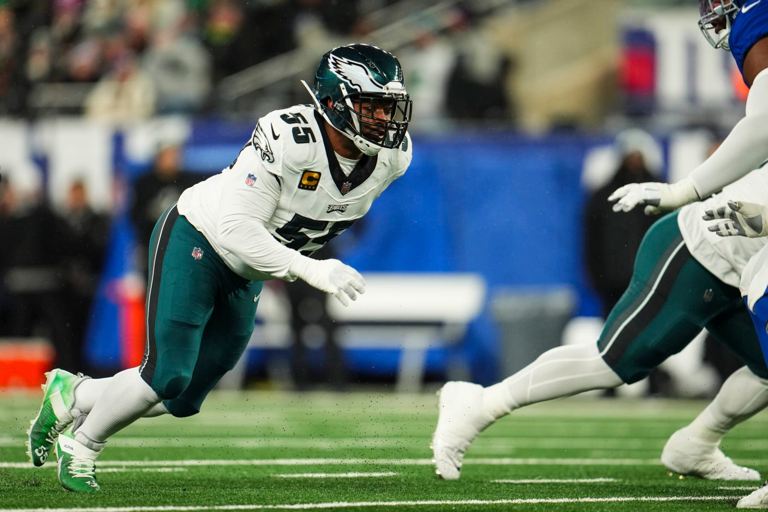 EAST RUTHERFORD, NJ - JANUARY 07: Brandon Graham #55 of the Philadelphia Eagles rushes the passer during an NFL football game against the New York Giants at MetLife Stadium on January 7, 2024 in East Rutherford, New Jersey. (Photo by Cooper Neill/Getty Images) EAST RUTHERFORD, NJ - JANUARY 07: Brandon Graham #55 of the Philadelphia Eagles rushes the passer during an NFL football game against the New York Giants at MetLife Stadium on January 7, 2024 in East Rutherford, New Jersey. (Photo by Cooper Neill/Getty Images)