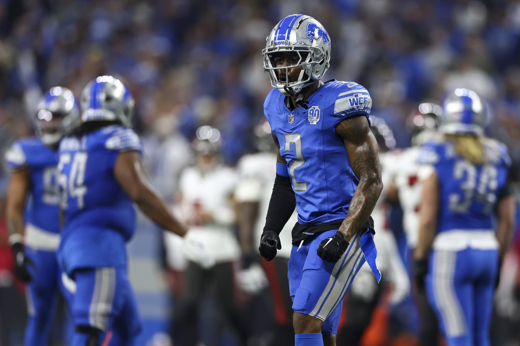 DETROIT, MI - JANUARY 21: C.J. Gardner-Johnson #2 of the Detroit Lions celebrates after a play during the second quarter of an NFL divisional round playoff football game against the Tampa Bay Buccaneers at Ford Field on January 21, 2024 in Detroit, Michigan. (Photo by Kevin Sabitus/Getty Images)