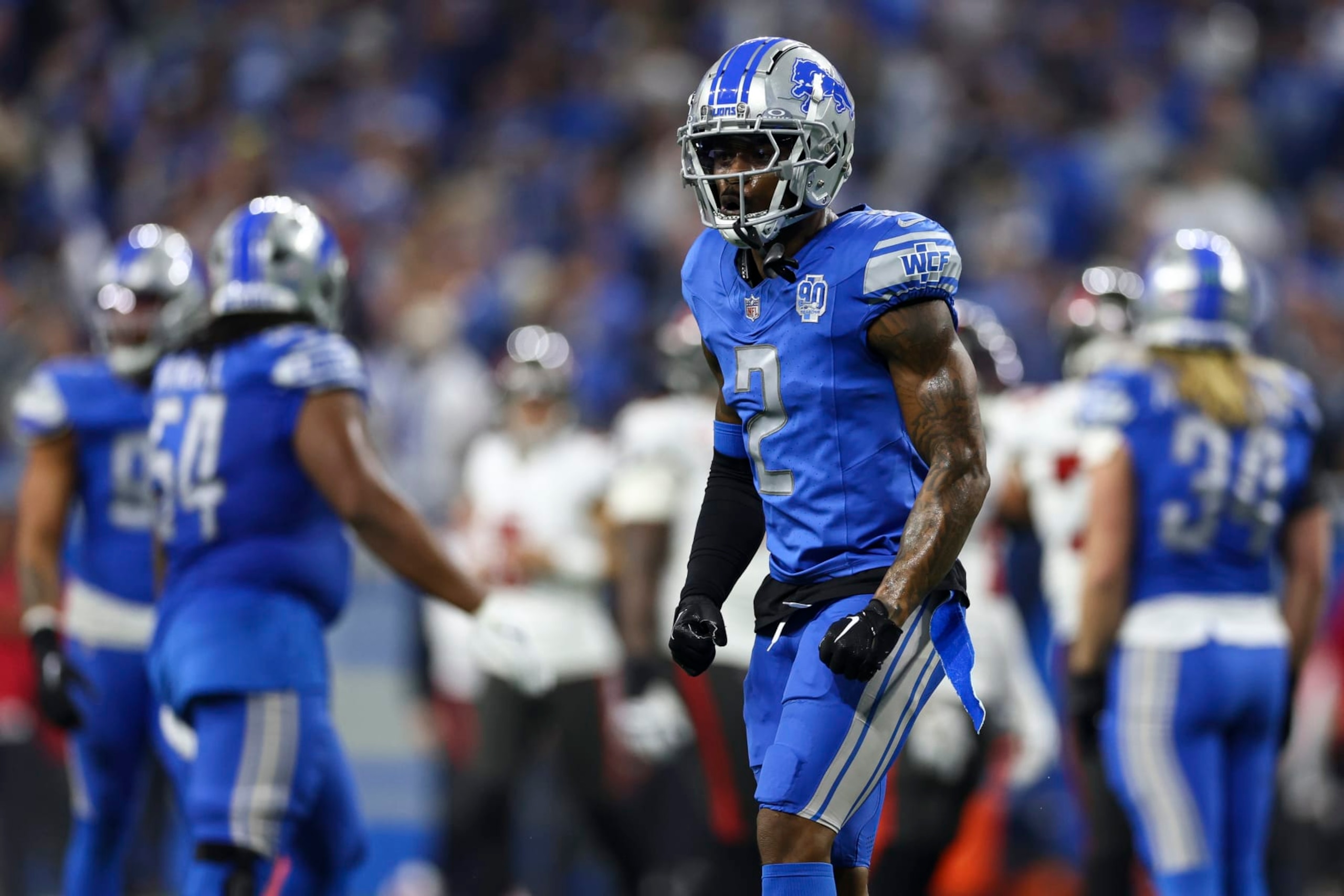 DETROIT, MI - JANUARY 21: C.J. Gardner-Johnson #2 of the Detroit Lions celebrates after a play during the second quarter of an NFL divisional round playoff football game against the Tampa Bay Buccaneers at Ford Field on January 21, 2024 in Detroit, Michigan. (Photo by Kevin Sabitus/Getty Images) DETROIT, MI - JANUARY 21: C.J. Gardner-Johnson #2 of the Detroit Lions celebrates after a play during the second quarter of an NFL divisional round playoff football game against the Tampa Bay Buccaneers at Ford Field on January 21, 2024 in Detroit, Michigan. (Photo by Kevin Sabitus/Getty Images)