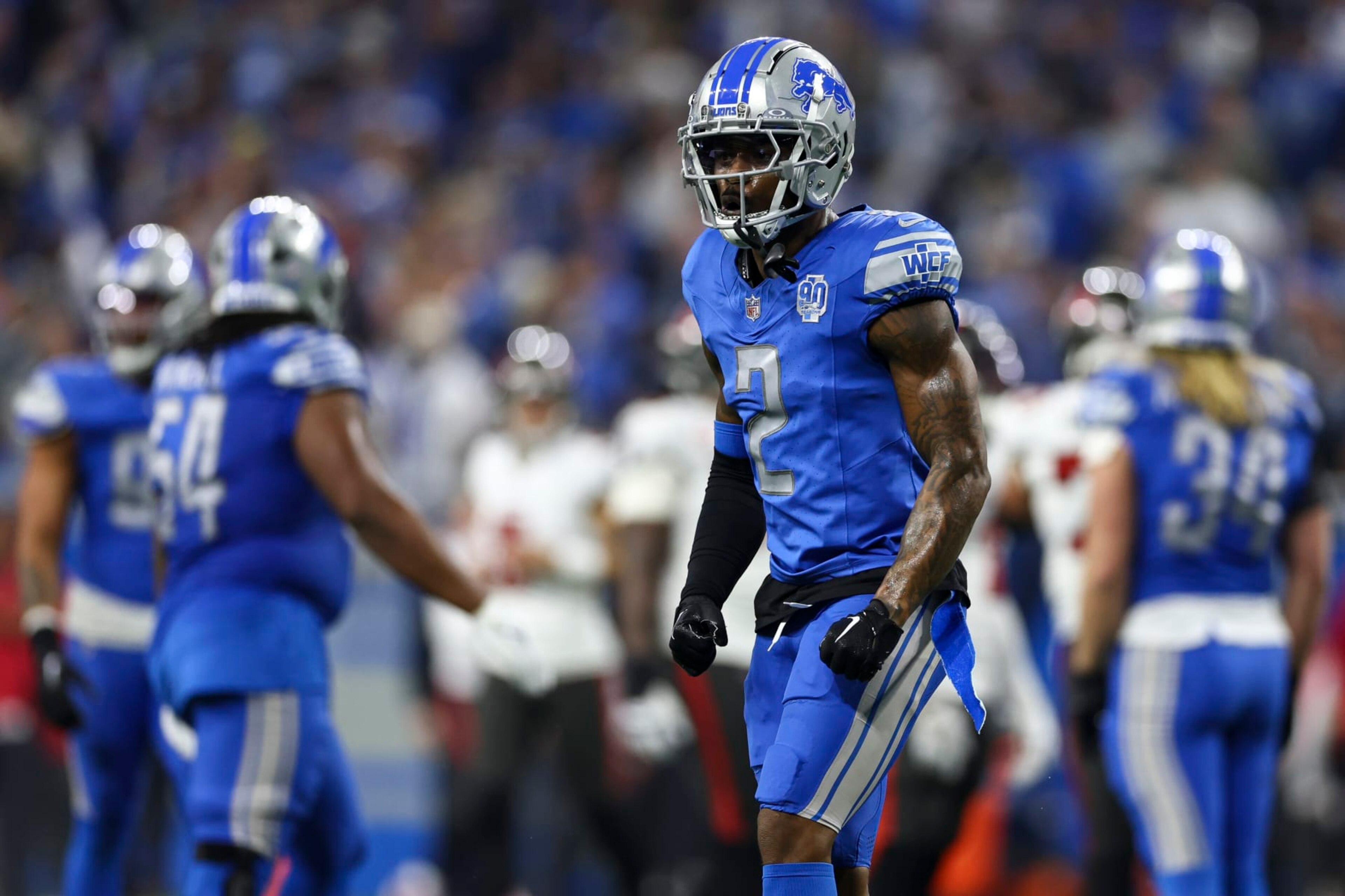 DETROIT, MI - JANUARY 21: C.J. Gardner-Johnson #2 of the Detroit Lions celebrates after a play during the second quarter of an NFL divisional round playoff football game against the Tampa Bay Buccaneers at Ford Field on January 21, 2024 in Detroit, Michigan. (Photo by Kevin Sabitus/Getty Images)