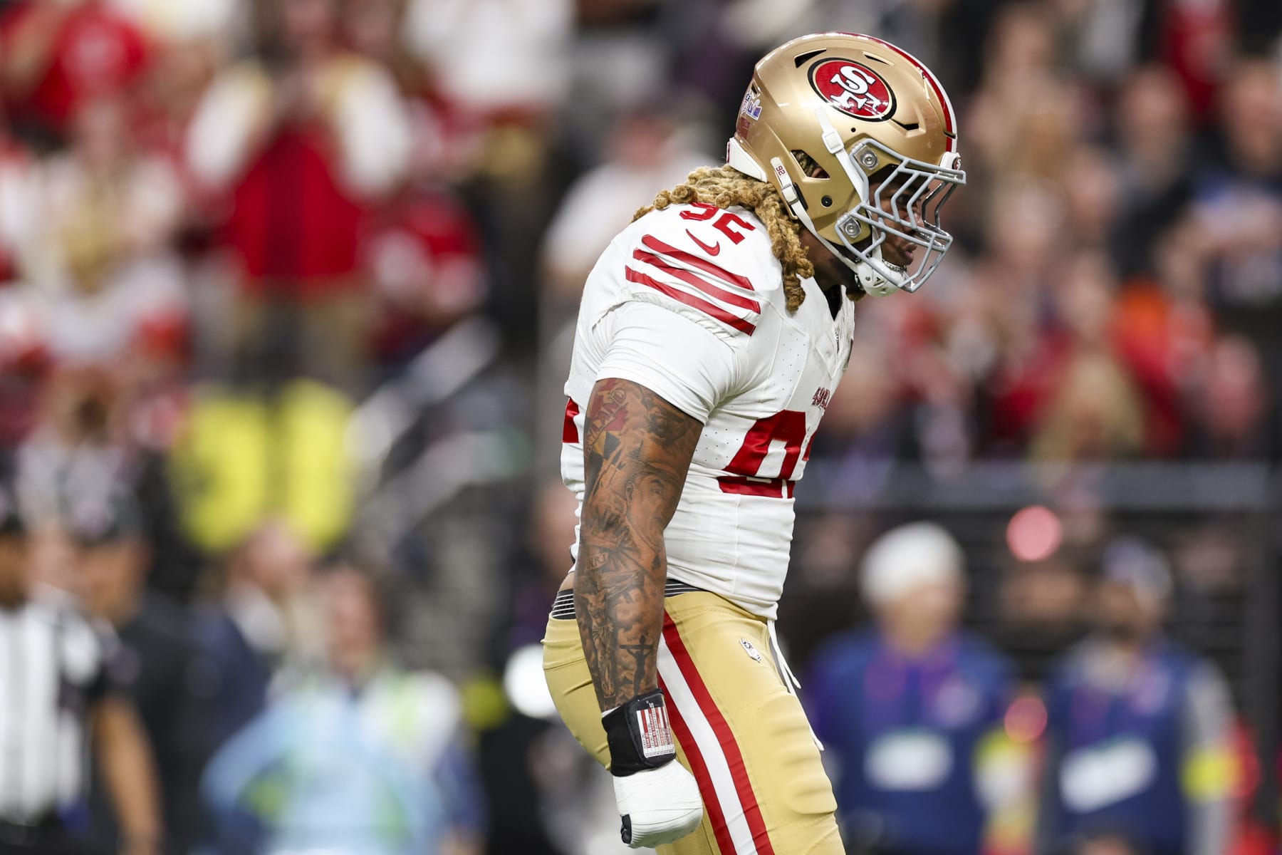 LAS VEGAS, NV - FEBRUARY 11: Chase Young #92 of the San Francisco 49ers celebrates after making a tackle during Super Bowl LVIII against the Kansas City Chiefs at Allegiant Stadium on February 11, 2024 in Las Vegas, NV. (Photo by Perry Knotts/Getty Images)
