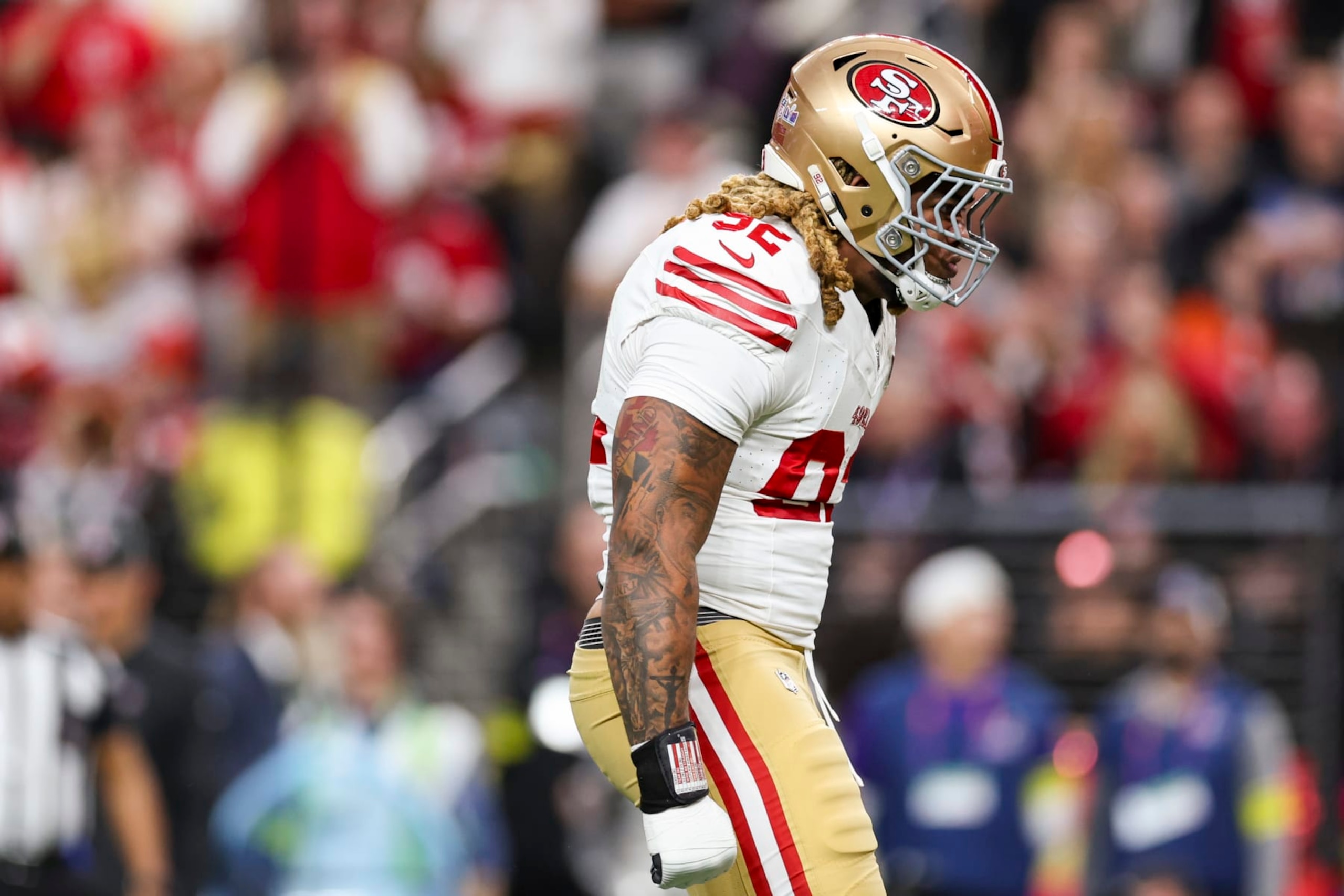 LAS VEGAS, NV - FEBRUARY 11: Chase Young #92 of the San Francisco 49ers celebrates after making a tackle during Super Bowl LVIII against the Kansas City Chiefs at Allegiant Stadium on February 11, 2024 in Las Vegas, NV. (Photo by Perry Knotts/Getty Images) LAS VEGAS, NV - FEBRUARY 11: Chase Young #92 of the San Francisco 49ers celebrates after making a tackle during Super Bowl LVIII against the Kansas City Chiefs at Allegiant Stadium on February 11, 2024 in Las Vegas, NV. (Photo by Perry Knotts/Getty Images)