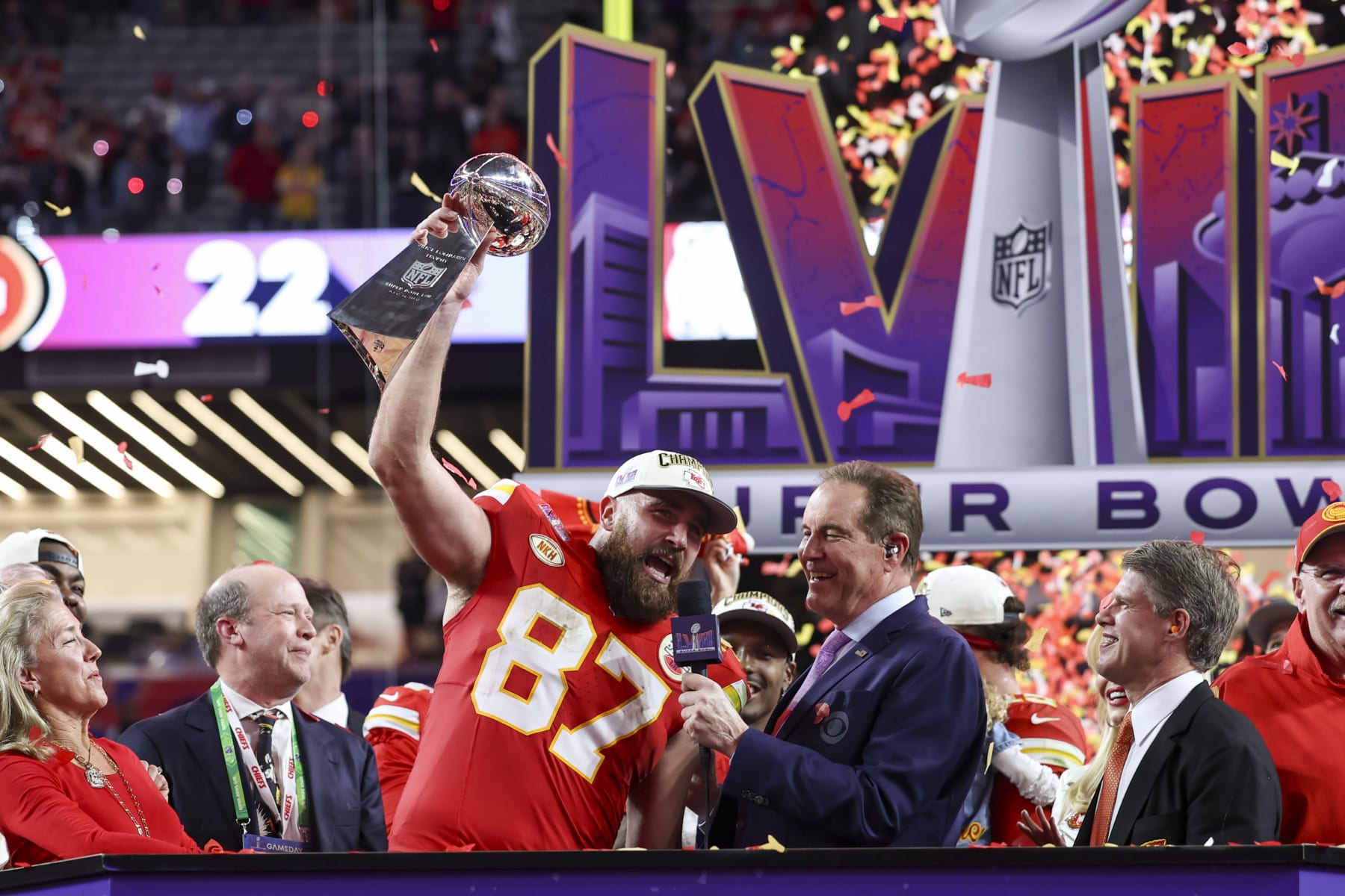 LAS VEGAS, NV - FEBRUARY 11: Travis Kelce #87 of the Kansas City Chiefs celebrates as he is interviewed by Jim Nantz after Super Bowl LVIII against the San Francisco 49ers at Allegiant Stadium on February 11, 2024 in Las Vegas, NV. (Photo by Perry Knotts/Getty Images)