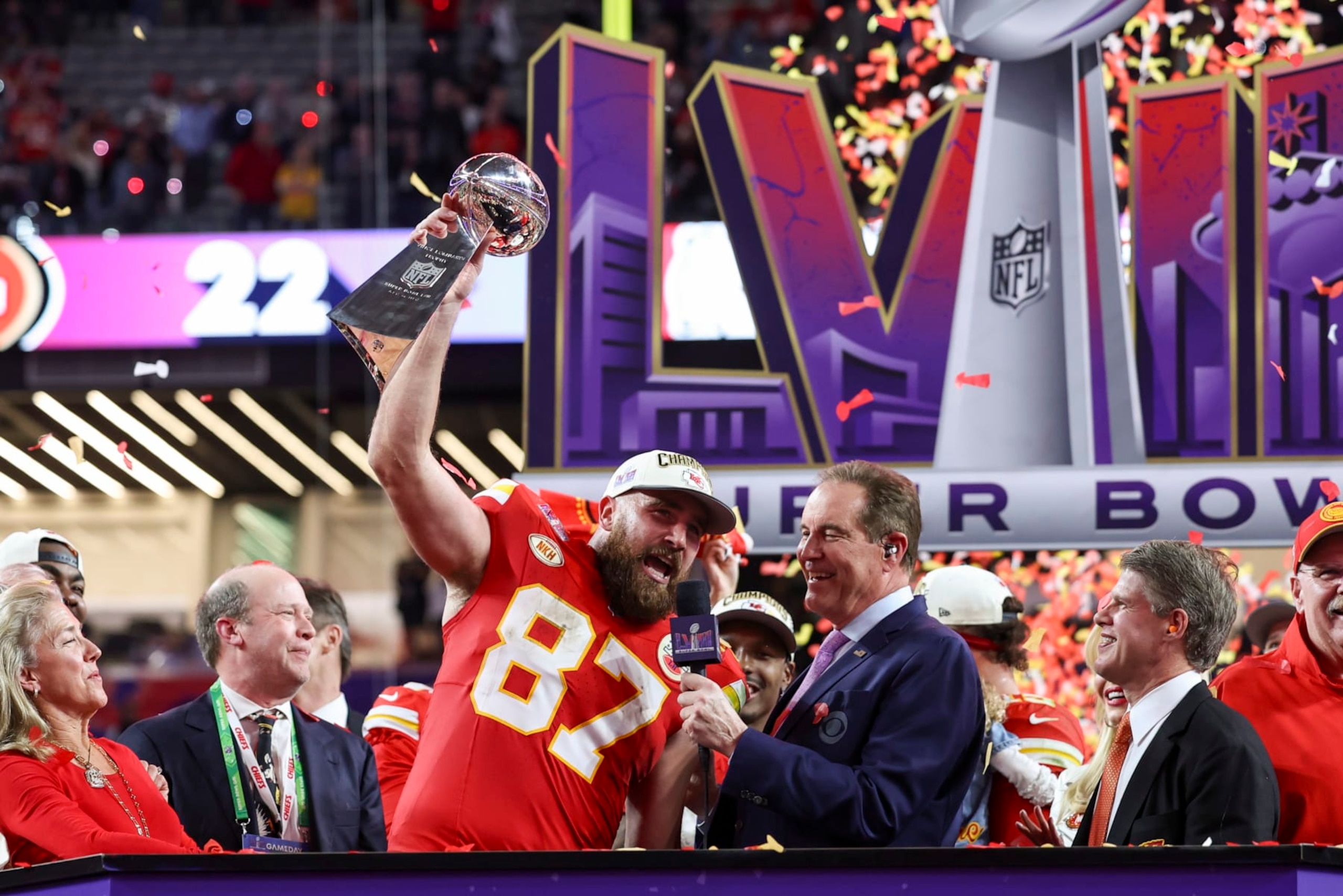 LAS VEGAS, NV - FEBRUARY 11: Travis Kelce #87 of the Kansas City Chiefs celebrates as he is interviewed by Jim Nantz after Super Bowl LVIII against the San Francisco 49ers at Allegiant Stadium on February 11, 2024 in Las Vegas, NV. (Photo by Perry Knotts/Getty Images)