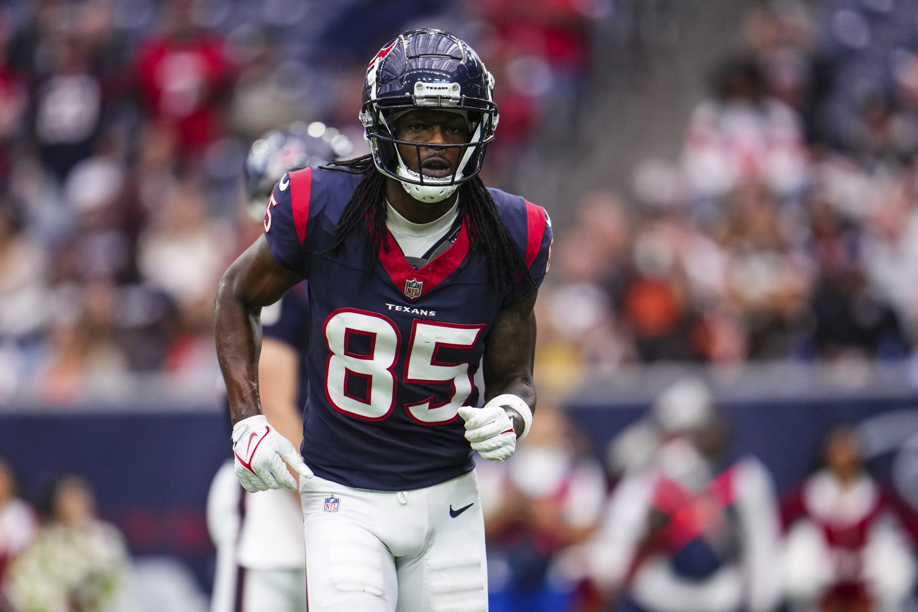 HOUSTON, TX - DECEMBER 24: Noah Brown #85 of the Houston Texans runs across the field during an NFL football game against the Cleveland Browns at NRG Stadium on December 24, 2023 in Houston, Texas. (Photo by Cooper Neill/Getty Images)