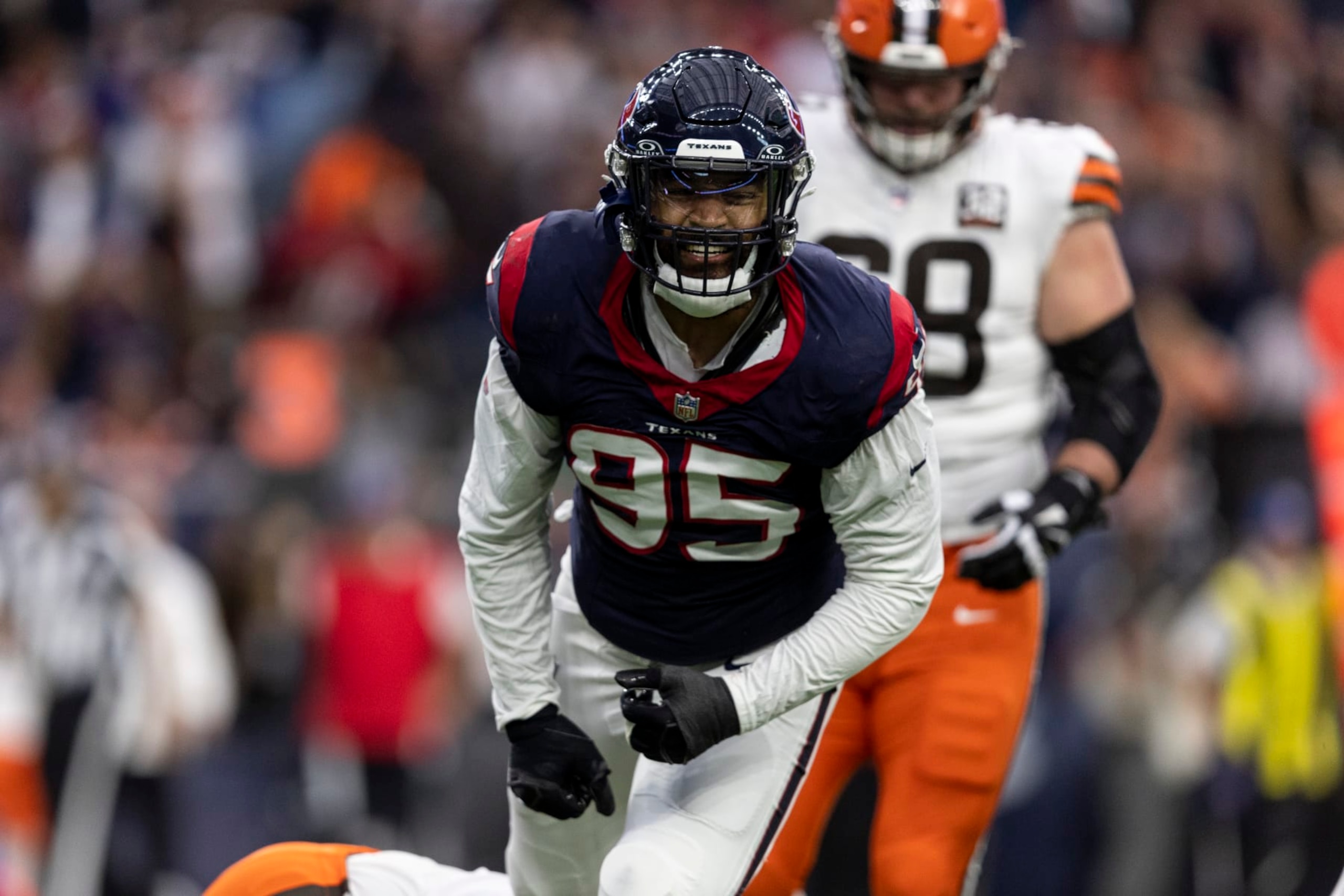 HOUSTON, TEXAS - JANUARY 13: Derek Barnett #95 of the Houston Texans celebrates after making a sack during an NFL wild-card playoff football game between the Houston Texans and the Cleveland Browns at NRG Stadium on January 13, 2024 in Houston, Texas. (Photo by Michael Owens/Getty Images) HOUSTON, TEXAS - JANUARY 13: Derek Barnett #95 of the Houston Texans celebrates after making a sack during an NFL wild-card playoff football game between the Houston Texans and the Cleveland Browns at NRG Stadium on January 13, 2024 in Houston, Texas. (Photo by Michael Owens/Getty Images)