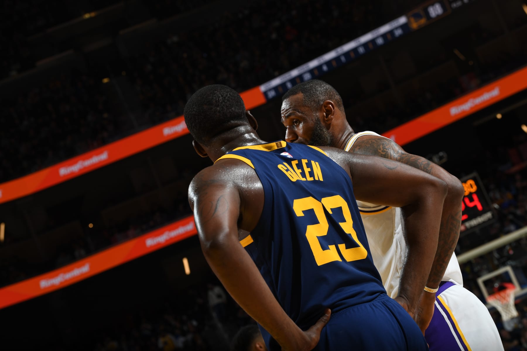 SAN FRANCISCO, CA - JANUARY 27: LeBron James #23 of the Los Angeles Lakers talks with Draymond Green #23 of the Golden State Warriors during the game on January 27, 2024 at Chase Center in San Francisco, California. NOTE TO USER: User expressly acknowledges and agrees that, by downloading and or using this photograph, user is consenting to the terms and conditions of Getty Images License Agreement. Mandatory Copyright Notice: Copyright 2024 NBAE (Photo by Noah Graham/NBAE via Getty Images) SAN FRANCISCO, CA - JANUARY 27: LeBron James #23 of the Los Angeles Lakers talks with Draymond Green #23 of the Golden State Warriors during the game on January 27, 2024 at Chase Center in San Francisco, California. NOTE TO USER: User expressly acknowledges and agrees that, by downloading and or using this photograph, user is consenting to the terms and conditions of Getty Images License Agreement. Mandatory Copyright Notice: Copyright 2024 NBAE (Photo by Noah Graham/NBAE via Getty Images)