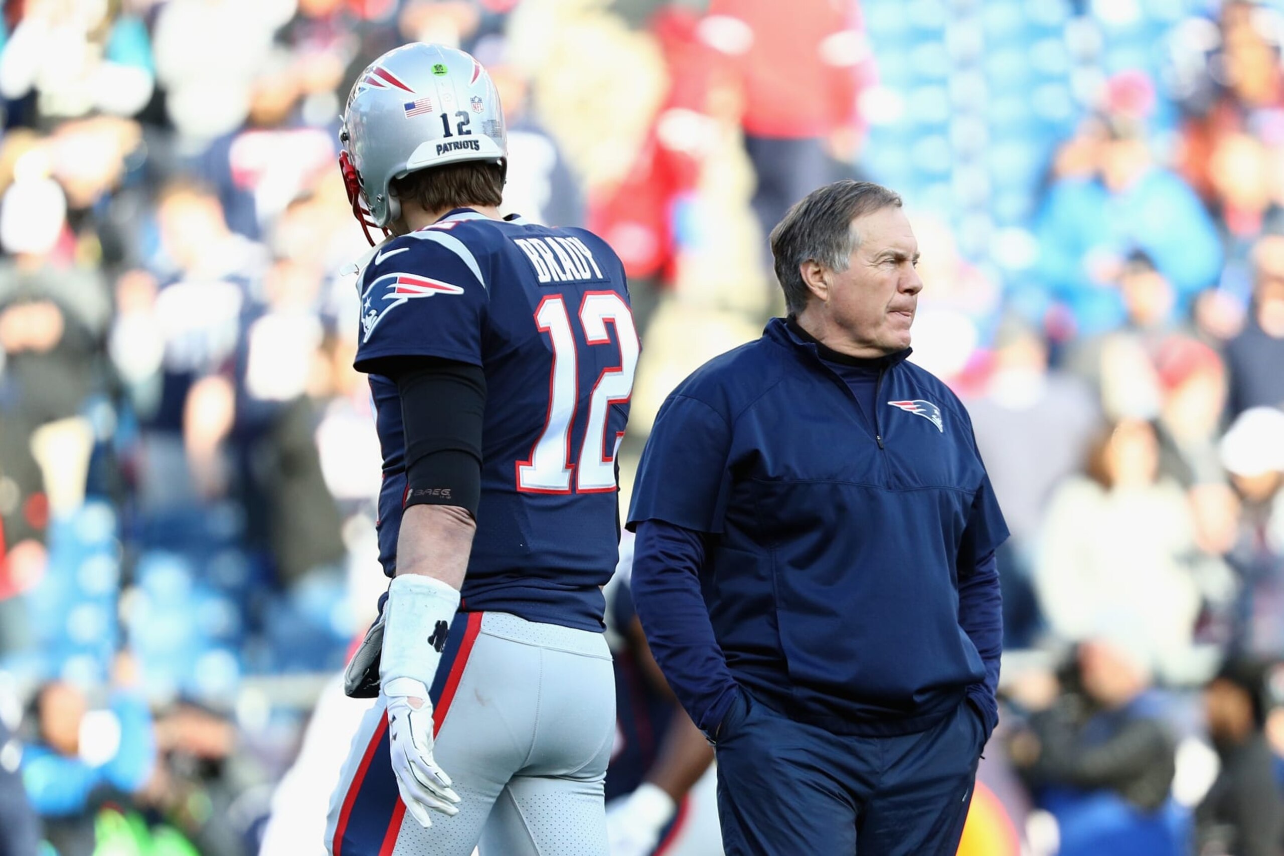 FOXBOROUGH, MA - JANUARY 21:  Tom Brady #12 of the New England Patriots and head coach Bill Belichick look on during warm ups before the AFC Championship Game against the Jacksonville Jaguars at Gillette Stadium on January 21, 2018 in Foxborough, Massachusetts.  (Photo by Maddie Meyer/Getty Images)