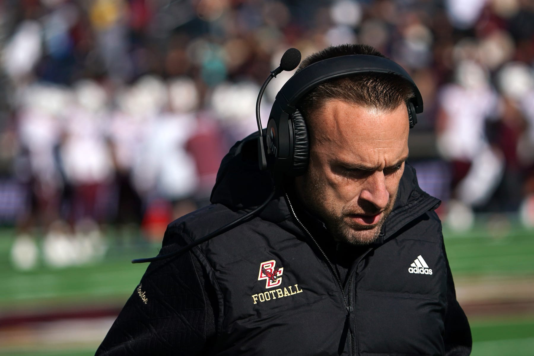 Boston, MA - November 11: Boston College head coach Jeff Hafley on the sidelines. BC lost to Virginia Tech, 48-22. (Photo by Barry Chin/The Boston Globe via Getty Images)