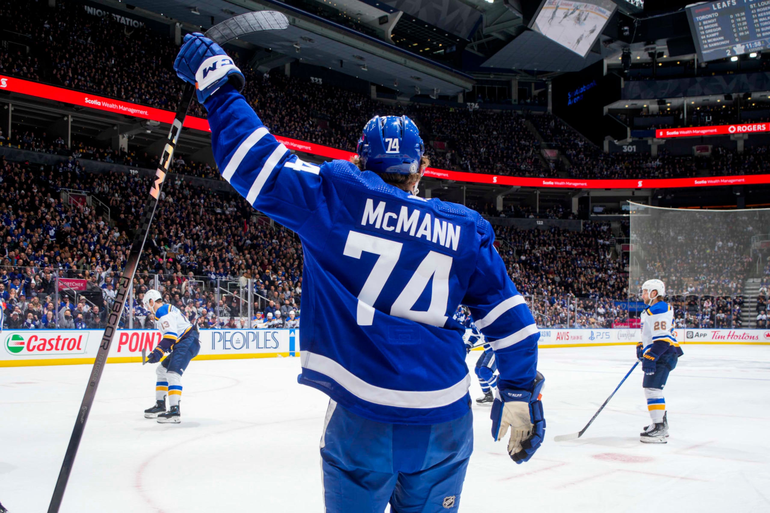 TORONTO, ON - FEBRUARY 13: Bobby McMann #74 of the Toronto Maple Leafs celebrates his second goal of the game against the St. Louis Blues during the third period at Scotiabank Arena on February 13, 2024 in Toronto, Ontario, Canada. (Photo by Mark Blinch/NHLI via Getty Images)