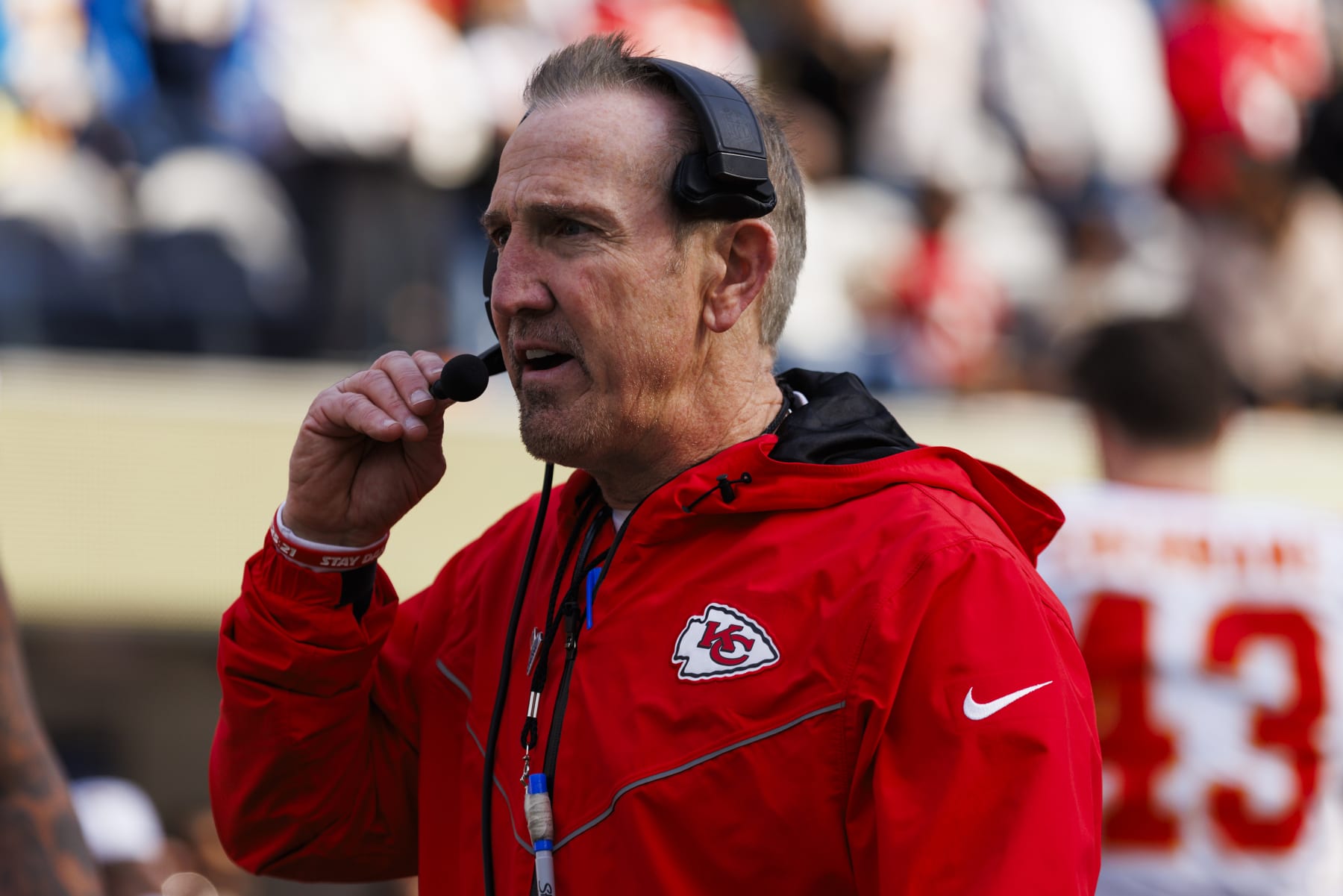 INGLEWOOD, CALIFORNIA - JANUARY 7: Kansas City Chiefs defensive coordinator Steve Spagnuolo on the sideline during a game against the Los Angeles Chargers at SoFi Stadium on January 7, 2024 in Inglewood, California. (Photo by Ric Tapia/Getty Images)