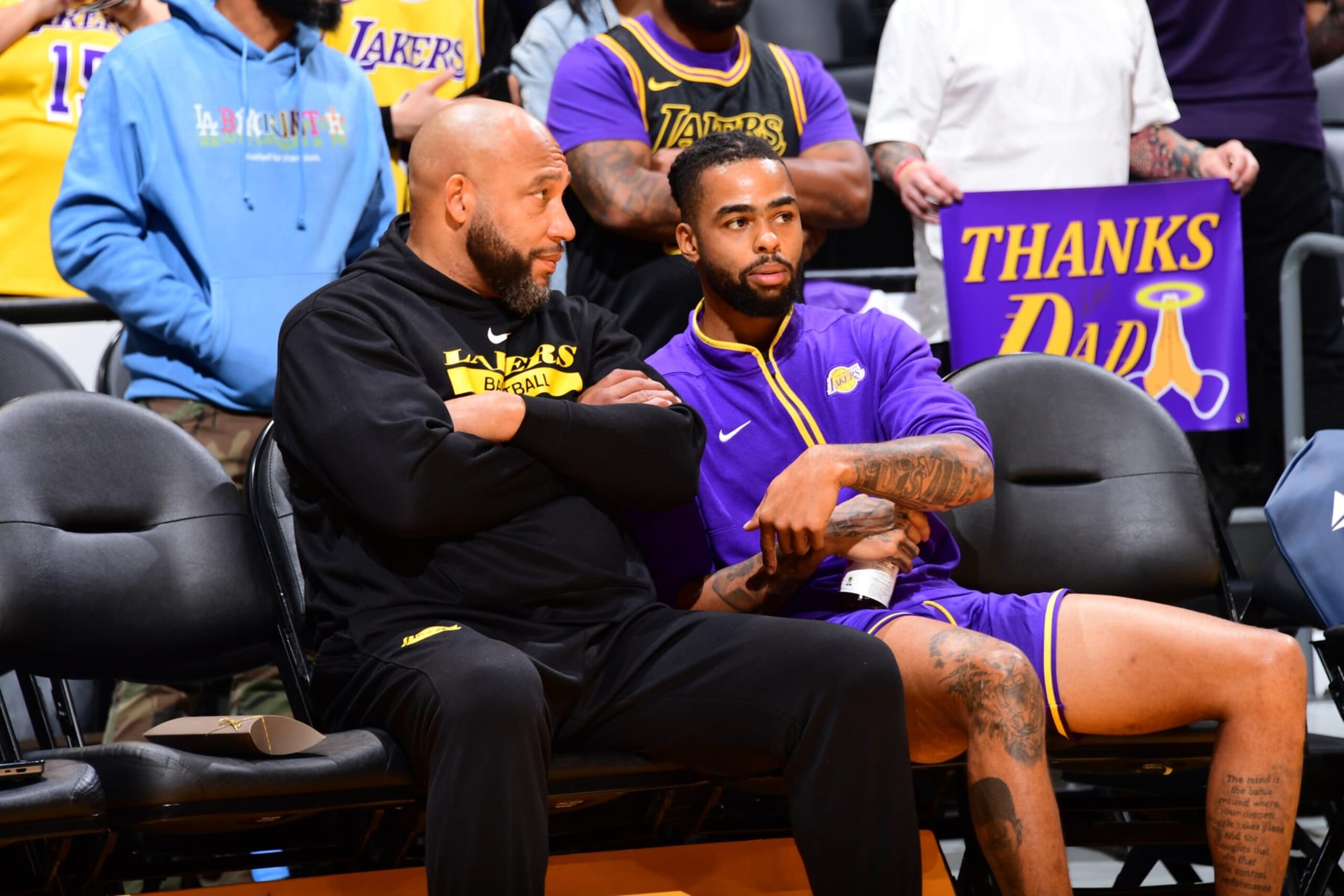 LOS ANGELES, CA - OCTOBER 30: D'Angelo Russell #1 and Head Coach Darvin Ham of the Los Angeles Lakers talk before the game against the Orlando Magic on October 30, 2023 at Crypto.Com Arena in Los Angeles, California. NOTE TO USER: User expressly acknowledges and agrees that, by downloading and/or using this Photograph, user is consenting to the terms and conditions of the Getty Images License Agreement. Mandatory Copyright Notice: Copyright 2023 NBAE (Photo by Adam Pantozzi/NBAE via Getty Images)