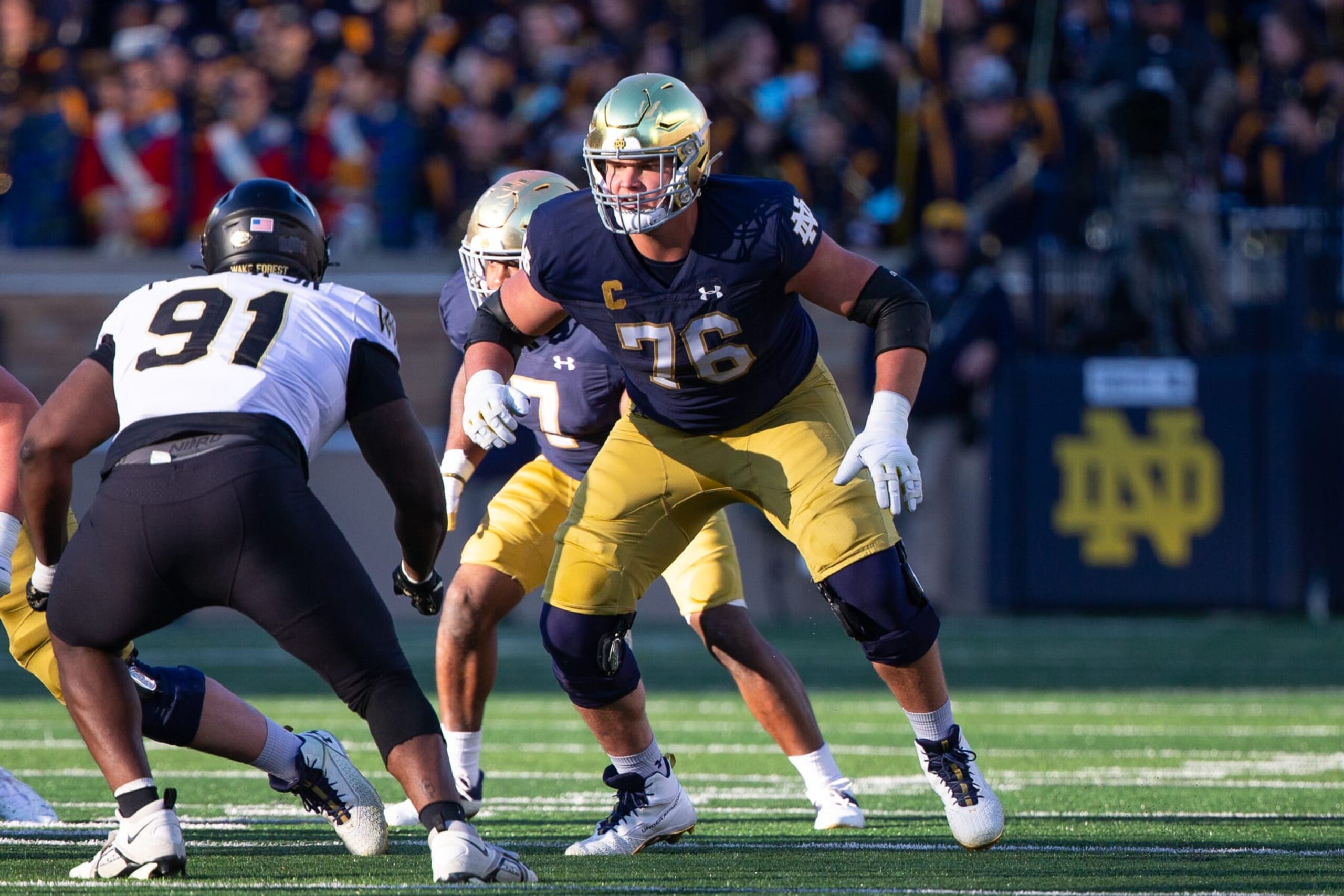 SOUTH BEND, IN - NOVEMBER 18: Joe Alt #76 of Notre Dame during a game between Wake Forest University and University of Notre Dame at Notre Dame Stadium on November 18, 2023 in South Bend, Indiana. (Photo by Michael Miller/ISI Photos/Getty Images) SOUTH BEND, IN - NOVEMBER 18: Joe Alt #76 of Notre Dame during a game between Wake Forest University and University of Notre Dame at Notre Dame Stadium on November 18, 2023 in South Bend, Indiana. (Photo by Michael Miller/ISI Photos/Getty Images)