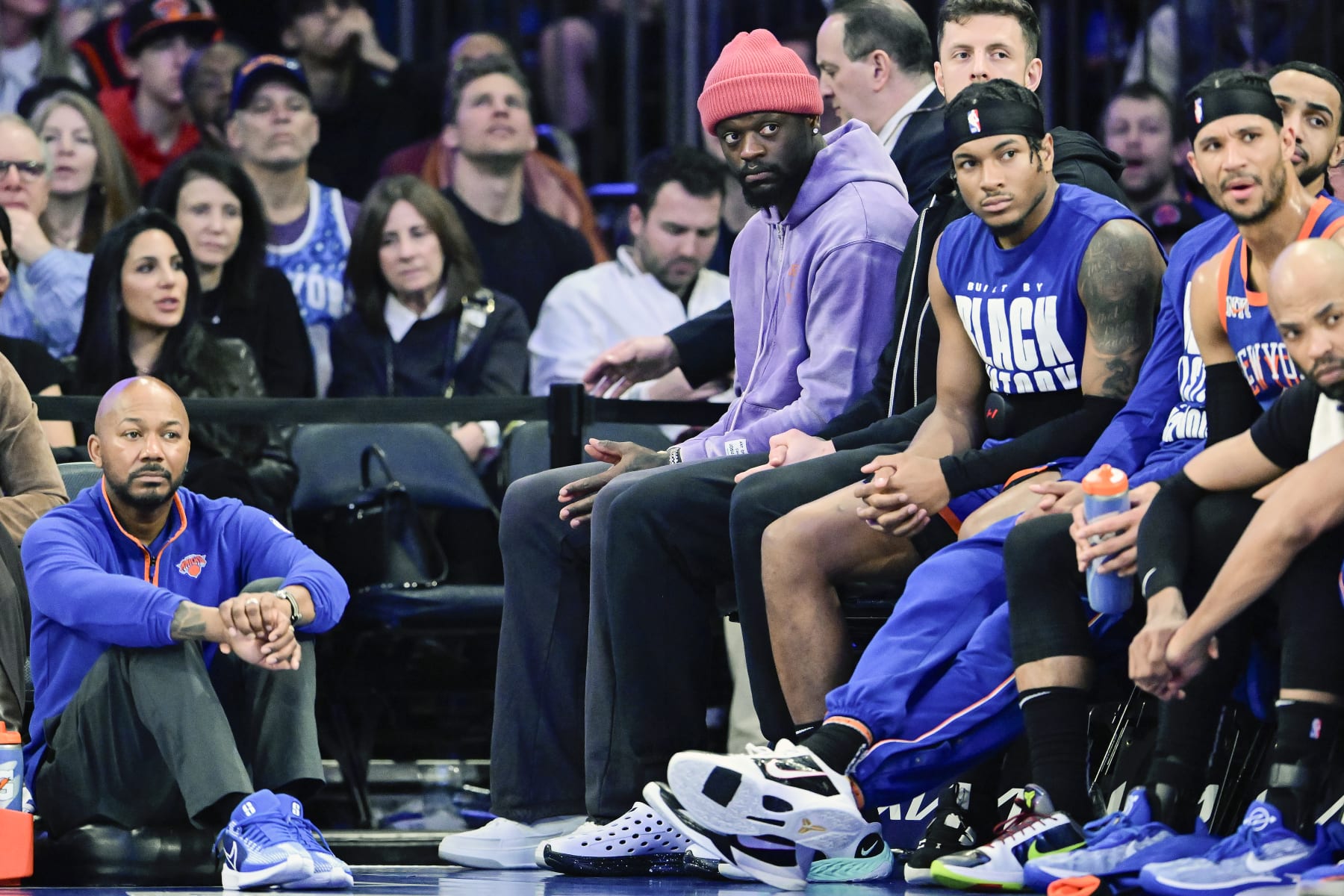NEW YORK, NEW YORK - FEBRUARY 10:  Julius Randle #30 of the New York Knicks looks on from the bench during the second half against the Indiana Pacers at Madison Square Garden on February 10, 2024 in New York City. NOTE TO USER: User expressly acknowledges and agrees that, by downloading and or using this photograph, User is consenting to the terms and conditions of the Getty Images License Agreement. (Photo by Steven Ryan/Getty Images)