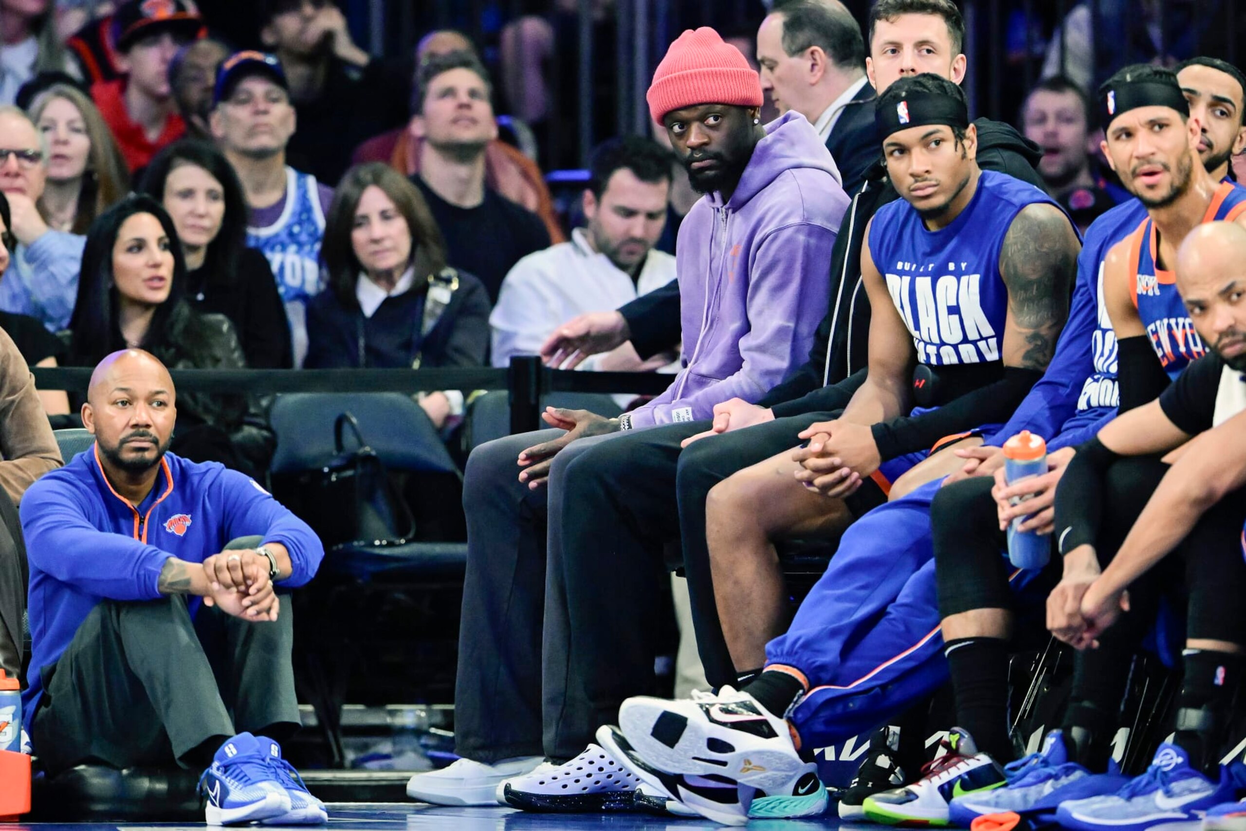 NEW YORK, NEW YORK - FEBRUARY 10:  Julius Randle #30 of the New York Knicks looks on from the bench during the second half against the Indiana Pacers at Madison Square Garden on February 10, 2024 in New York City. NOTE TO USER: User expressly acknowledges and agrees that, by downloading and or using this photograph, User is consenting to the terms and conditions of the Getty Images License Agreement. (Photo by Steven Ryan/Getty Images)