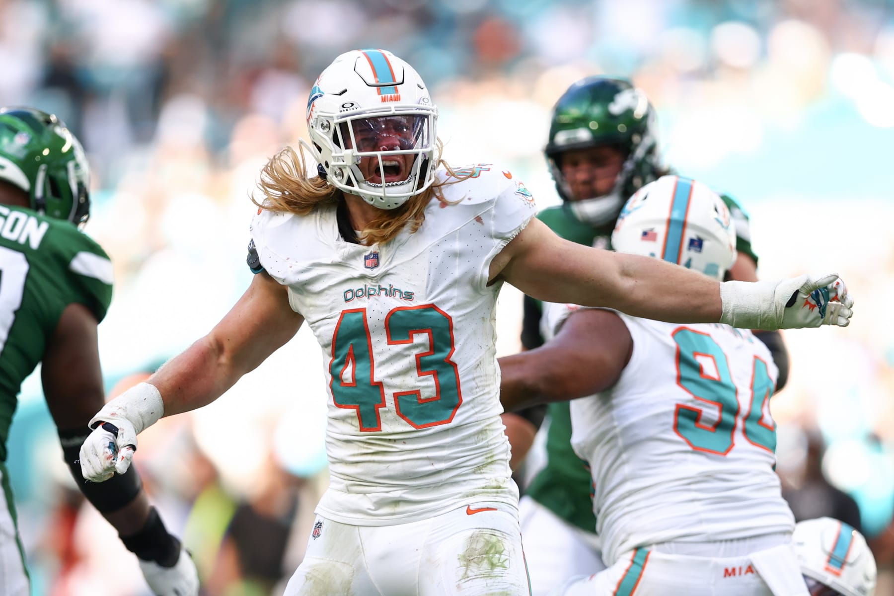 MIAMI GARDENS, FLORIDA - DECEMBER 17: Andrew Van Ginkel #43 of the Miami Dolphins celebrates a second quarter sack against the New York Jets at Hard Rock Stadium on December 17, 2023 in Miami Gardens, Florida. (Photo by Megan Briggs/Getty Images)