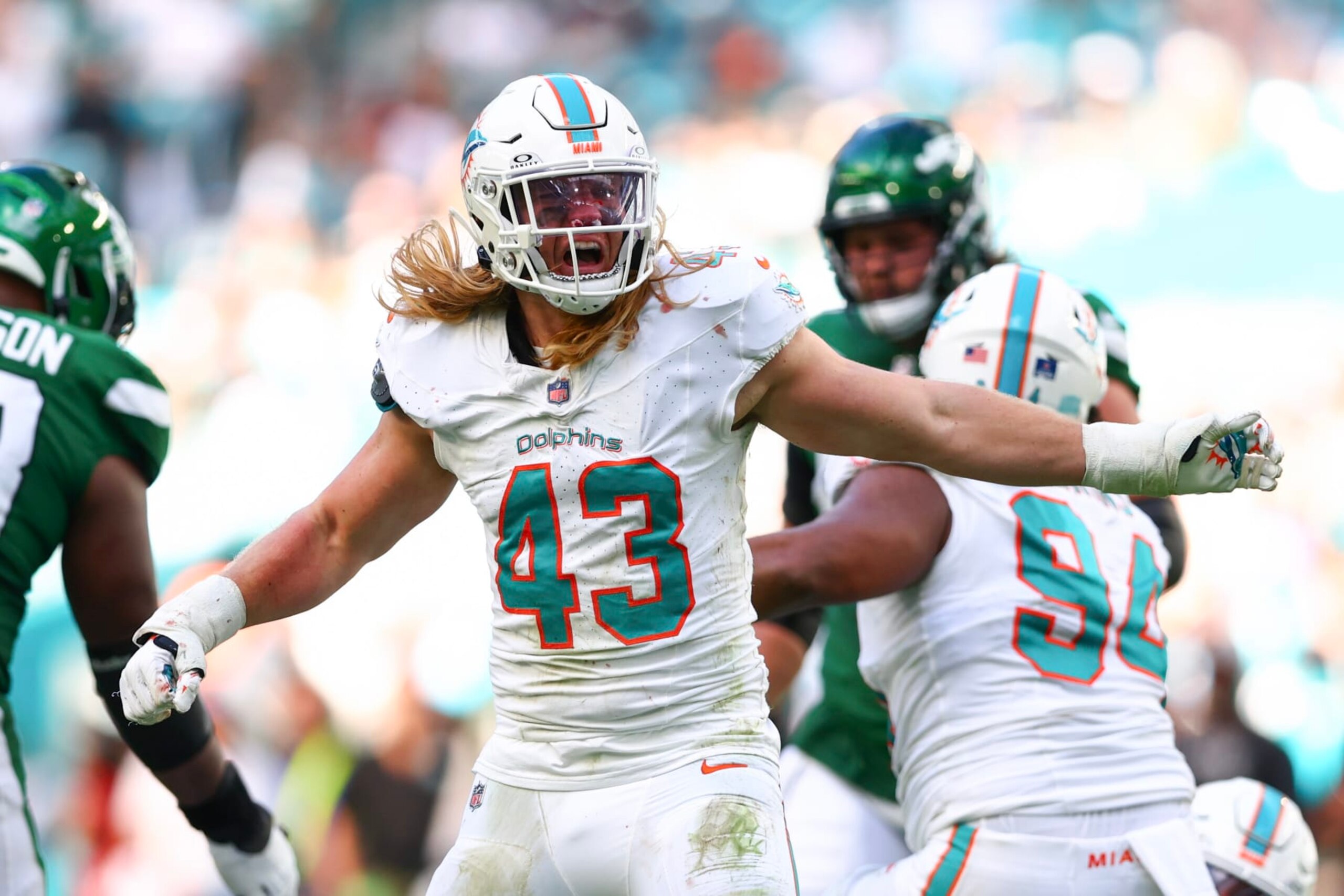 MIAMI GARDENS, FLORIDA - DECEMBER 17: Andrew Van Ginkel #43 of the Miami Dolphins celebrates a second quarter sack against the New York Jets at Hard Rock Stadium on December 17, 2023 in Miami Gardens, Florida. (Photo by Megan Briggs/Getty Images) MIAMI GARDENS, FLORIDA - DECEMBER 17: Andrew Van Ginkel #43 of the Miami Dolphins celebrates a second quarter sack against the New York Jets at Hard Rock Stadium on December 17, 2023 in Miami Gardens, Florida. (Photo by Megan Briggs/Getty Images)