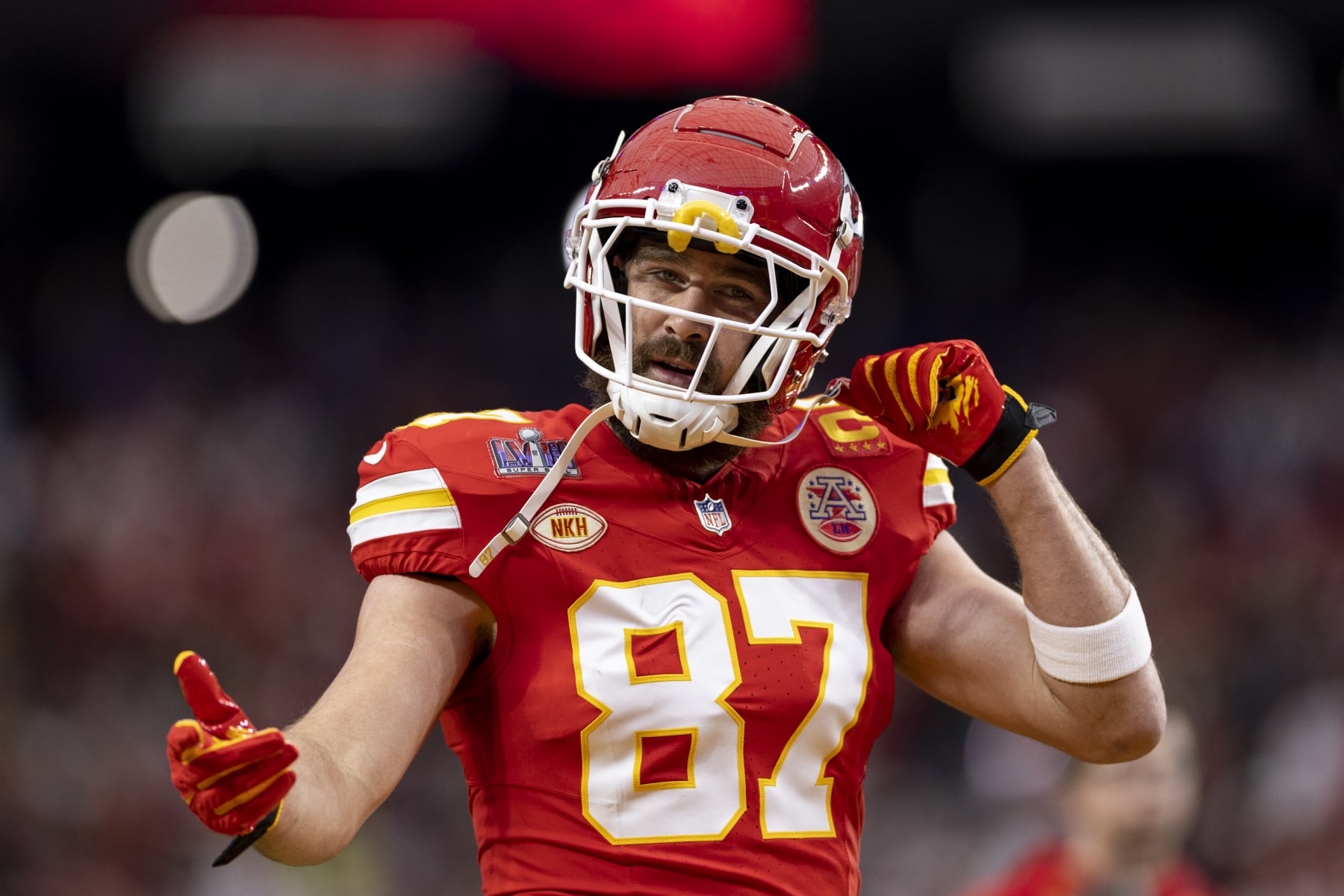 LAS VEGAS, NEVADA - FEBRUARY 11: Travis Kelce #87 of the Kansas City Chiefs reacts prior to the NFL Super Bowl 58 football game between the San Francisco 49ers and the Kansas City Chiefs at Allegiant Stadium on February 11, 2024 in Las Vegas, Nevada. (Photo by Michael Owens/Getty Images)