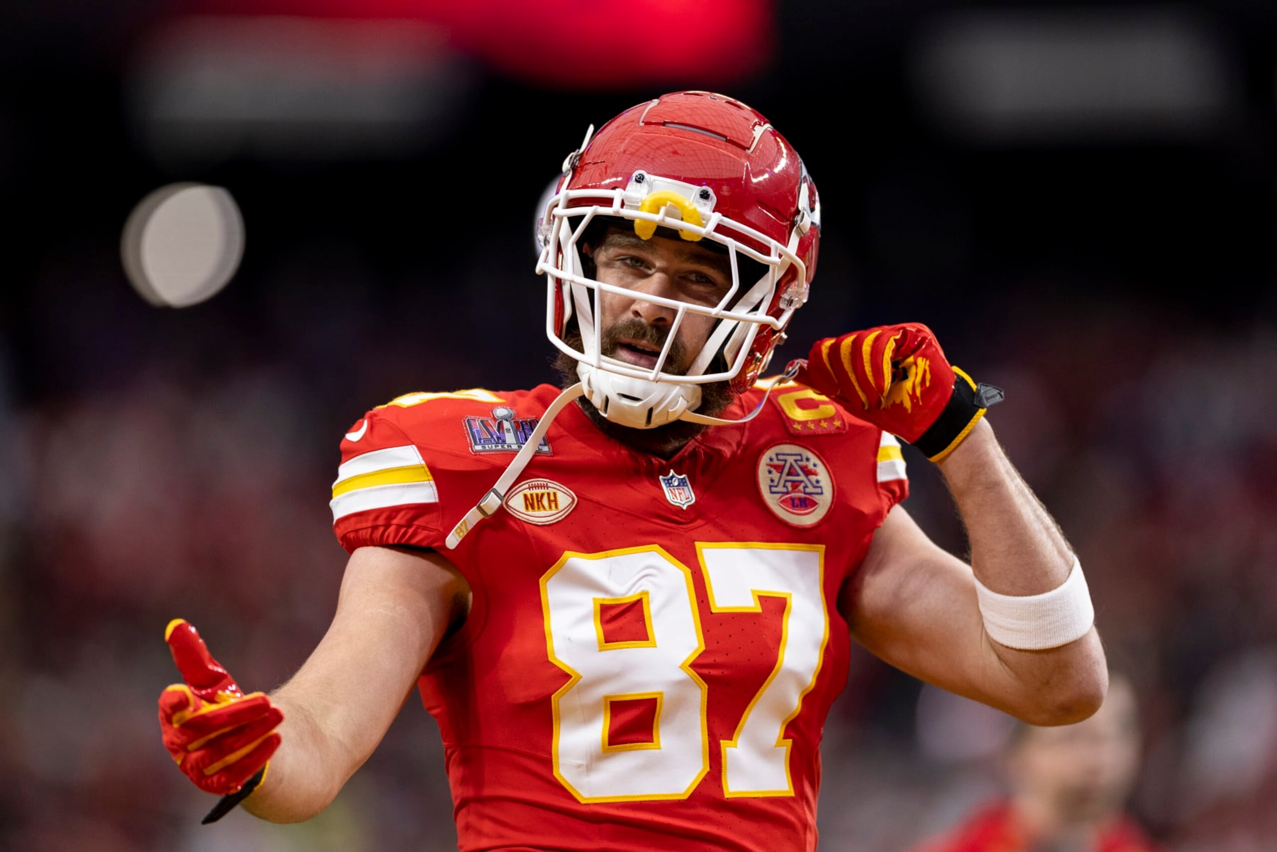 LAS VEGAS, NEVADA - FEBRUARY 11: Travis Kelce #87 of the Kansas City Chiefs reacts prior to the NFL Super Bowl 58 football game between the San Francisco 49ers and the Kansas City Chiefs at Allegiant Stadium on February 11, 2024 in Las Vegas, Nevada. (Photo by Michael Owens/Getty Images)