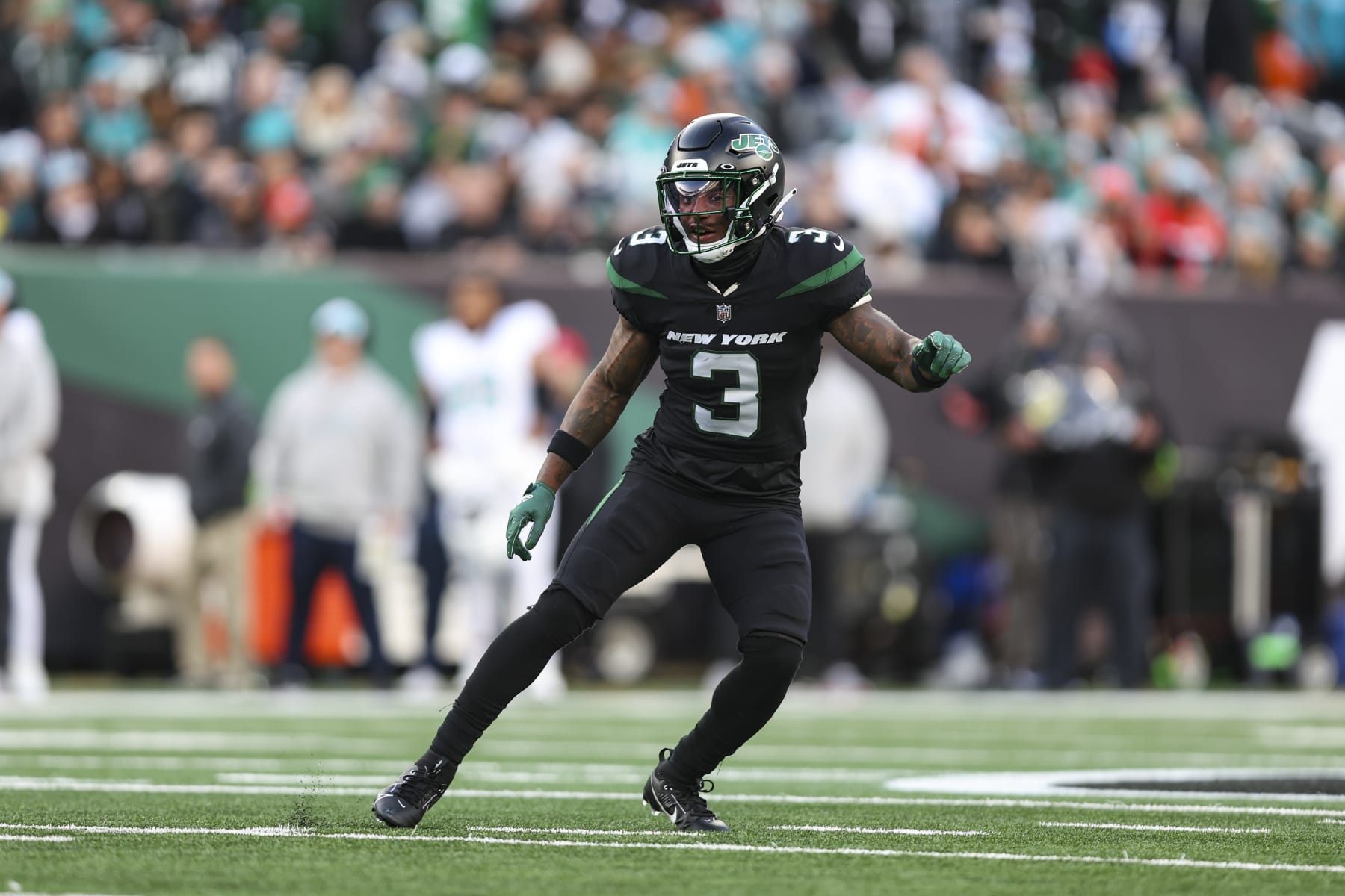 EAST RUTHERFORD, NJ - NOVEMBER 24: Jordan Whitehead #3 of the New York Jets defends in coverage during an NFL football game against the Miami Dolphins at MetLife Stadium on November 24, 2023 in East Rutherford, New Jersey. (Photo by Perry Knotts/Getty Images)