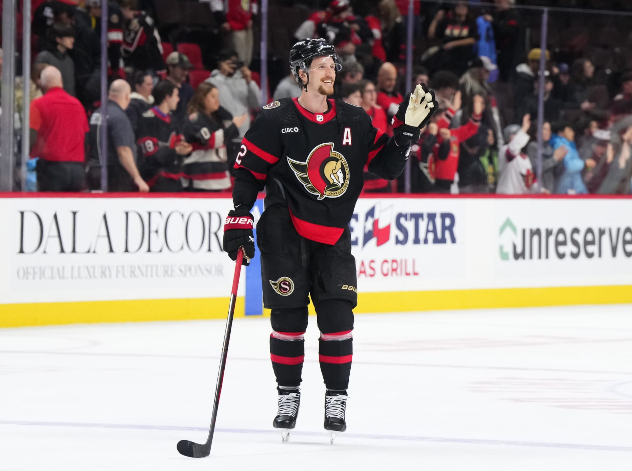 OTTAWA, CANADA - FEBRUARY 13: Thomas Chabot #72 of the Ottawa Senators waves to the crowd after his teams' 6-3 win against the Columbus Blue Jackets at Canadian Tire Centre on February 13, 2024 in Ottawa, Ontario, Canada.  (Photo by Andrea Cardin/NHLI via Getty Images)