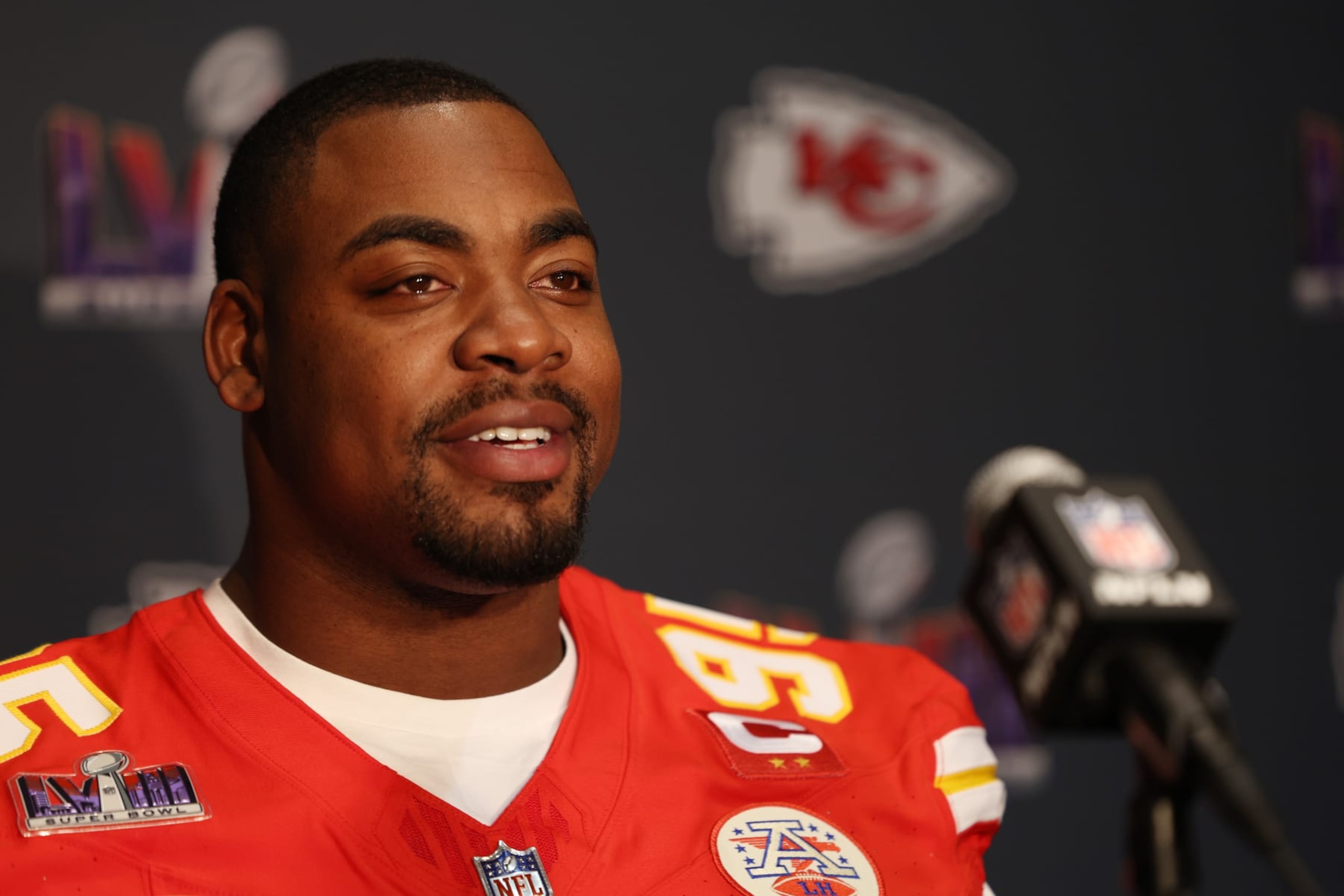 HENDERSON, NEVADA - FEBRUARY 08: Chris Jones of the Kansas City Chiefs speaks to the media during Kansas City Chiefs media availability ahead of Super Bowl LVIII at Westin Lake Las Vegas Resort and Spa on February 08, 2024 in Henderson, Nevada. (Photo by Jamie Squire/Getty Images) HENDERSON, NEVADA - FEBRUARY 08: Chris Jones of the Kansas City Chiefs speaks to the media during Kansas City Chiefs media availability ahead of Super Bowl LVIII at Westin Lake Las Vegas Resort and Spa on February 08, 2024 in Henderson, Nevada. (Photo by Jamie Squire/Getty Images)