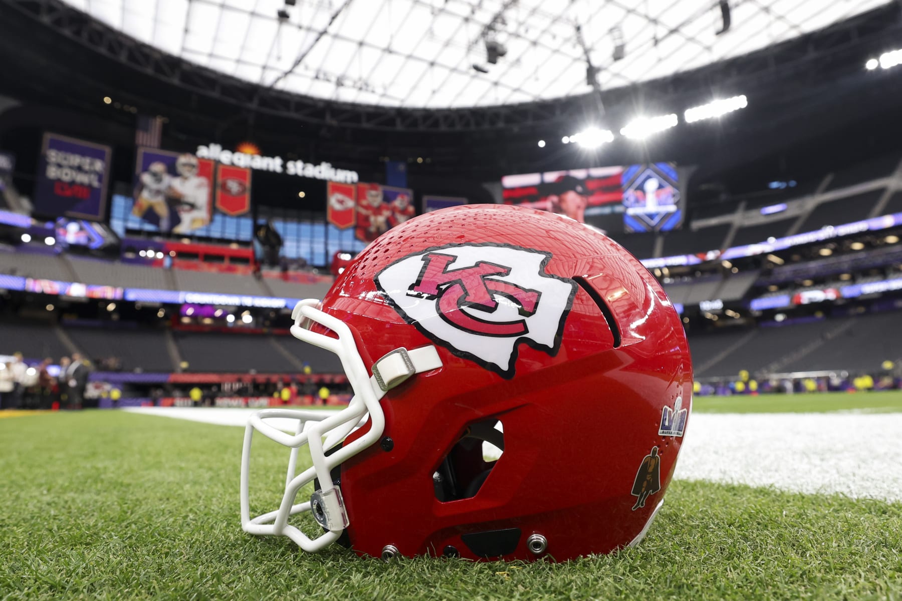 LAS VEGAS, NV - FEBRUARY 11: A detail view of Patrick Mahomes #15 of the Kansas City Chiefs helmet on the field prior to Super Bowl LVIII against the San Francisco 49ers at Allegiant Stadium on February 11, 2024 in Las Vegas, NV. (Photo by Perry Knotts/Getty Images)