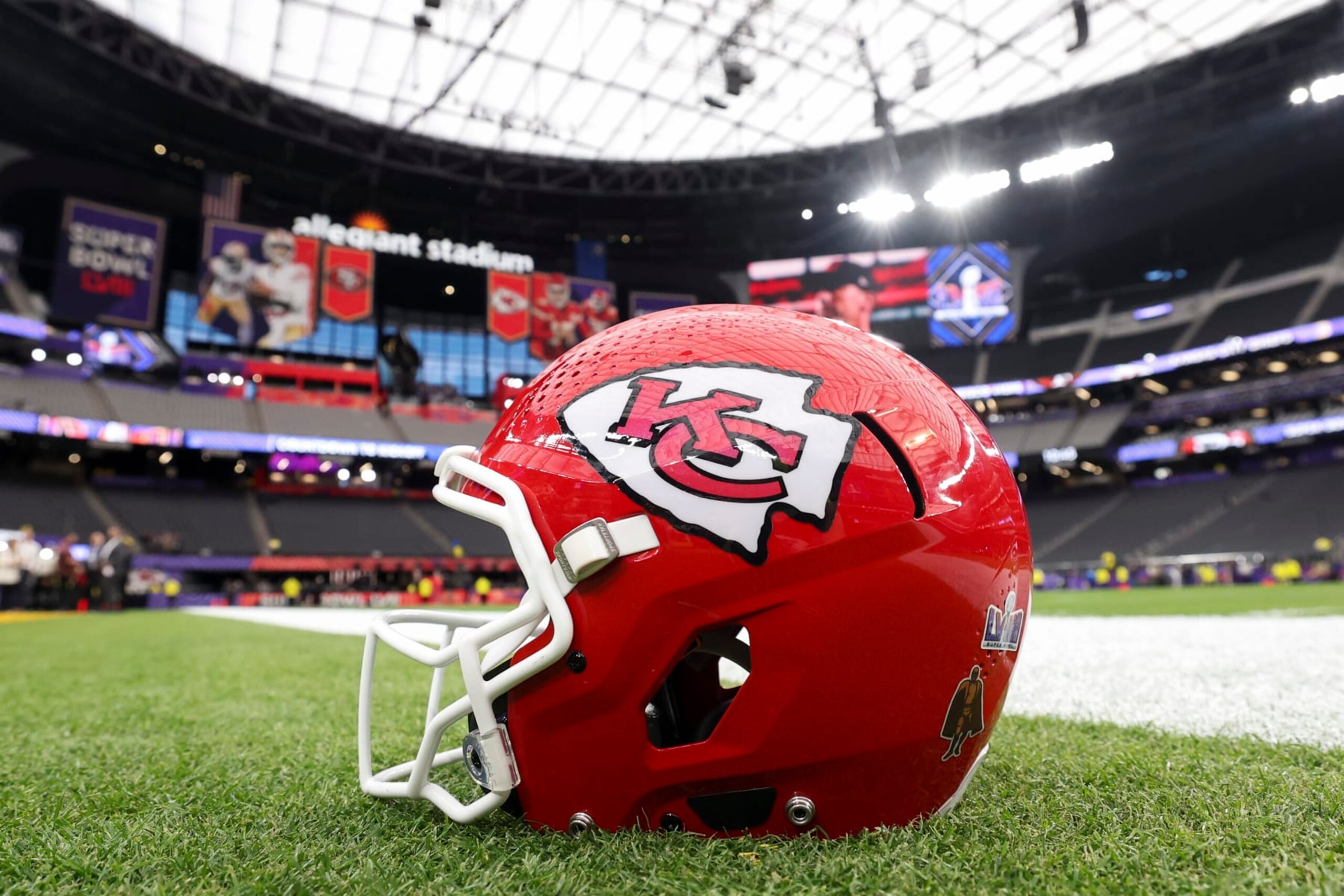 LAS VEGAS, NV - FEBRUARY 11: A detail view of Patrick Mahomes #15 of the Kansas City Chiefs helmet on the field prior to Super Bowl LVIII against the San Francisco 49ers at Allegiant Stadium on February 11, 2024 in Las Vegas, NV. (Photo by Perry Knotts/Getty Images)