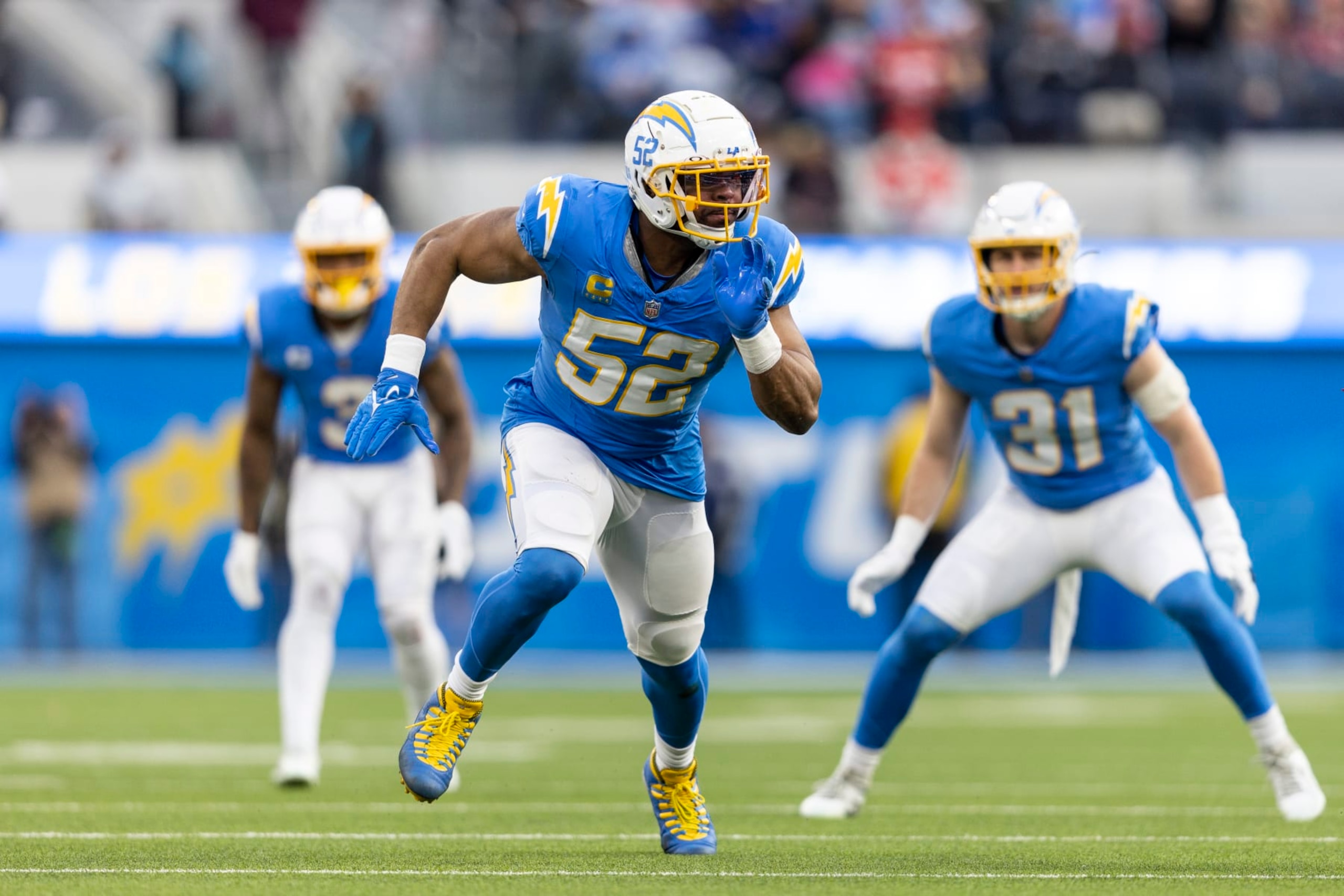 INGLEWOOD, CALIFORNIA - JANUARY 07: Khalil Mack #52 of the Los Angeles Chargers runs around the edge during an NFL football game between the Los Angeles Chargers and the Kansas City Chiefs at SoFi Stadium on January 07, 2024 in Inglewood, California. (Photo by Michael Owens/Getty Images)