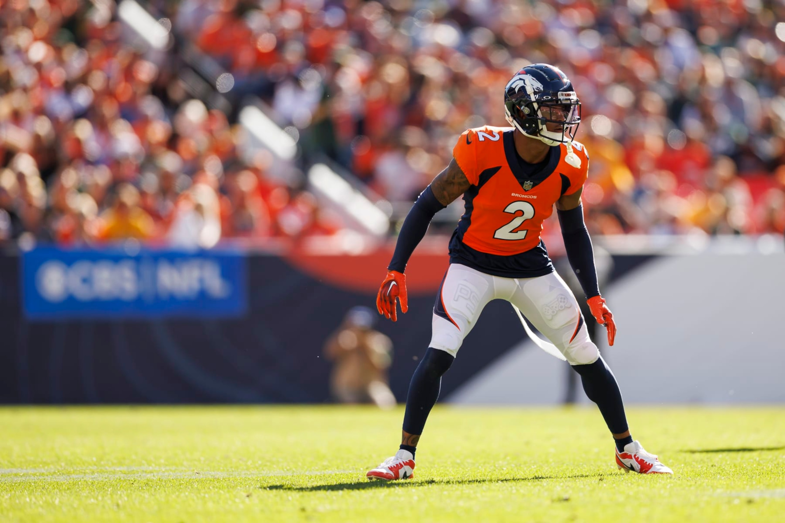 DENVER, COLORADO - OCTOBER 22: Pat Surtain II #2 of the Denver Broncos defends in coverage during an NFL football game against the Green Bay Packers at Empower Field At Mile High on October 22, 2023 in Denver, Colorado. (Photo by Ryan Kang/Getty Images)