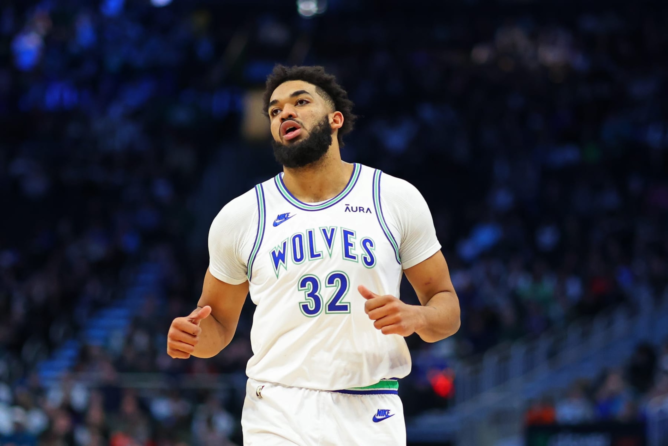 MILWAUKEE, WISCONSIN - FEBRUARY 08: Karl-Anthony Towns #32 of the Minnesota Timberwolves walks backcourt during a game against the Milwaukee Bucks at Fiserv Forum on February 08, 2024 in Milwaukee, Wisconsin. NOTE TO USER: User expressly acknowledges and agrees that, by downloading and or using this photograph, User is consenting to the terms and conditions of the Getty Images License Agreement. (Photo by Stacy Revere/Getty Images)