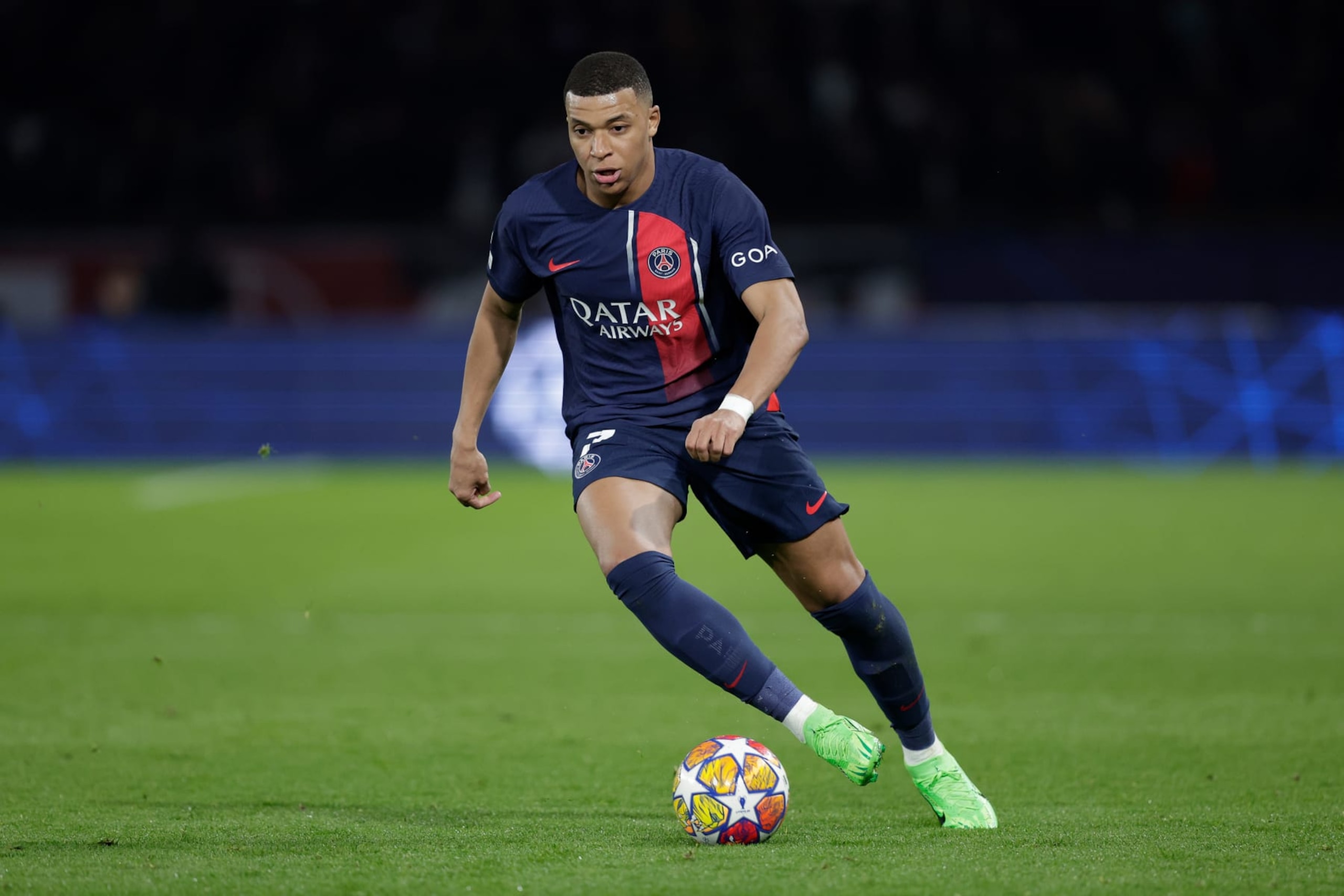 PARIS, FRANCE - FEBRUARY 14: Kylian Mbappe of Paris Saint Germain during the UEFA Champions League  match between Paris Saint Germain v Real Sociedad at the Parc des Princes on February 14, 2024 in Paris France (Photo by David S Bustamante/Soccrates/Getty Images)