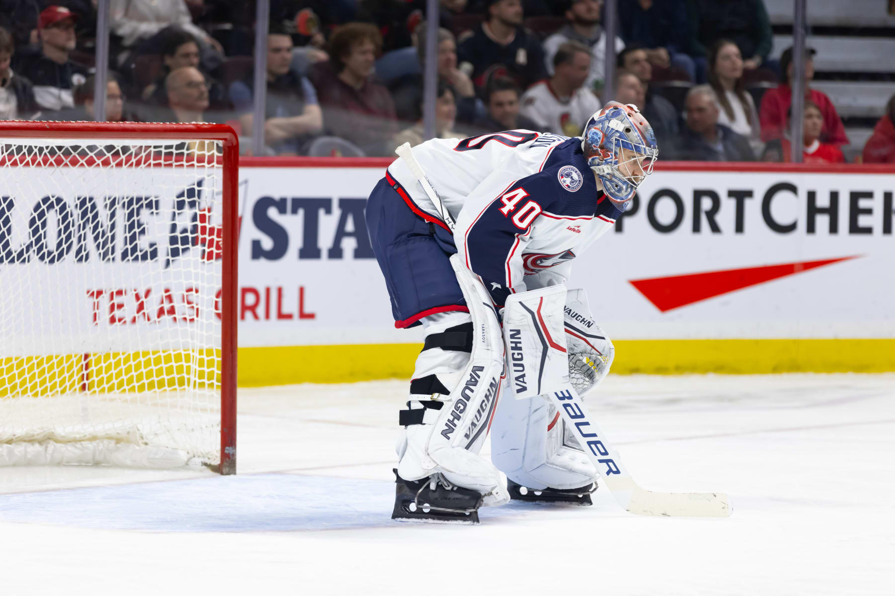 OTTAWA, ON - FEBRUARY 13: Columbus Blue Jackets Goalie Daniil Tarasov (40) after a whistle during third period National Hockey League action between the Columbus Blue Jackets and Ottawa Senators on February 13, 2024, at Canadian Tire Centre in Ottawa, ON, Canada. (Photo by Richard A. Whittaker/Icon Sportswire via Getty Images)
