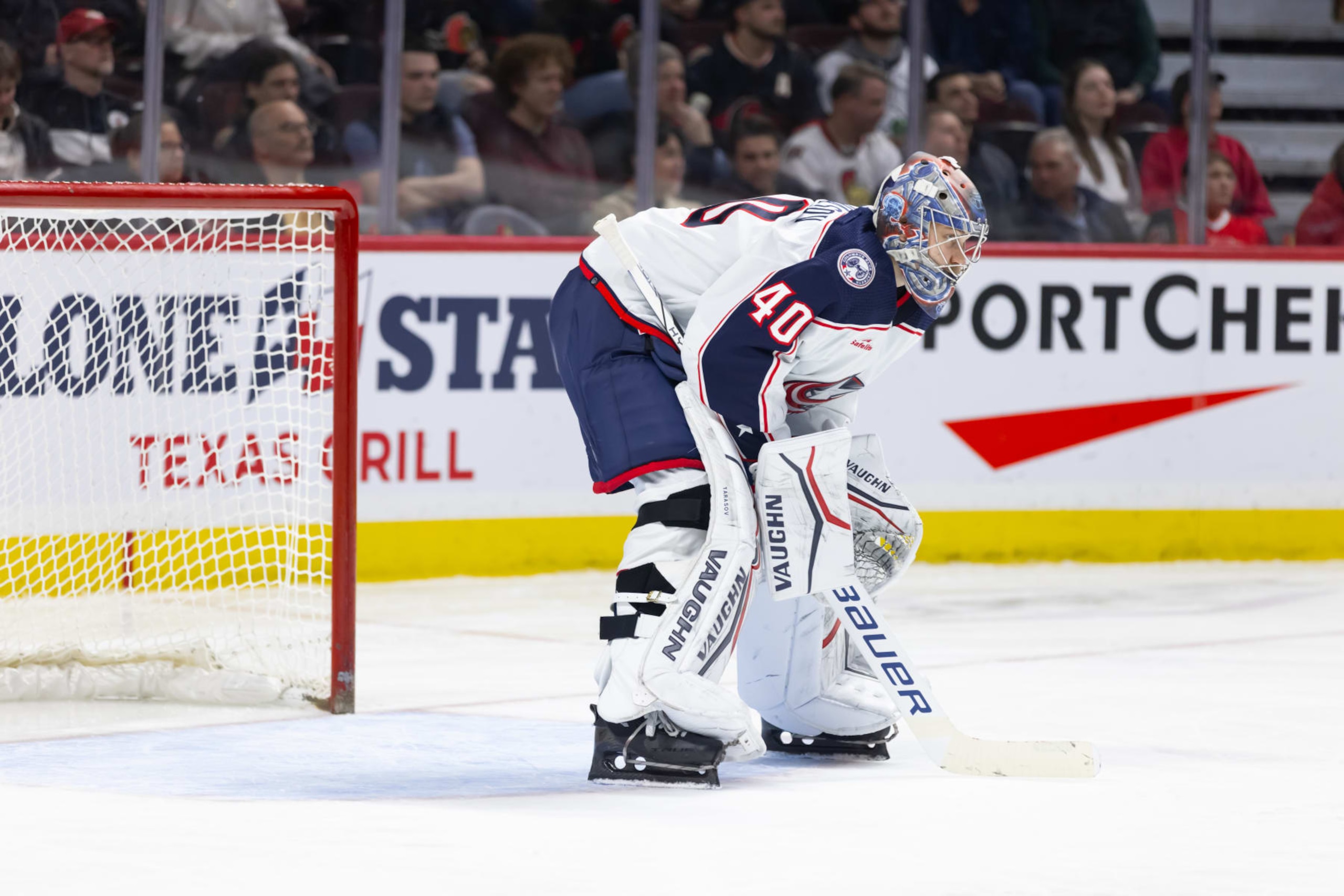 OTTAWA, ON - FEBRUARY 13: Columbus Blue Jackets Goalie Daniil Tarasov (40) after a whistle during third period National Hockey League action between the Columbus Blue Jackets and Ottawa Senators on February 13, 2024, at Canadian Tire Centre in Ottawa, ON, Canada. (Photo by Richard A. Whittaker/Icon Sportswire via Getty Images)