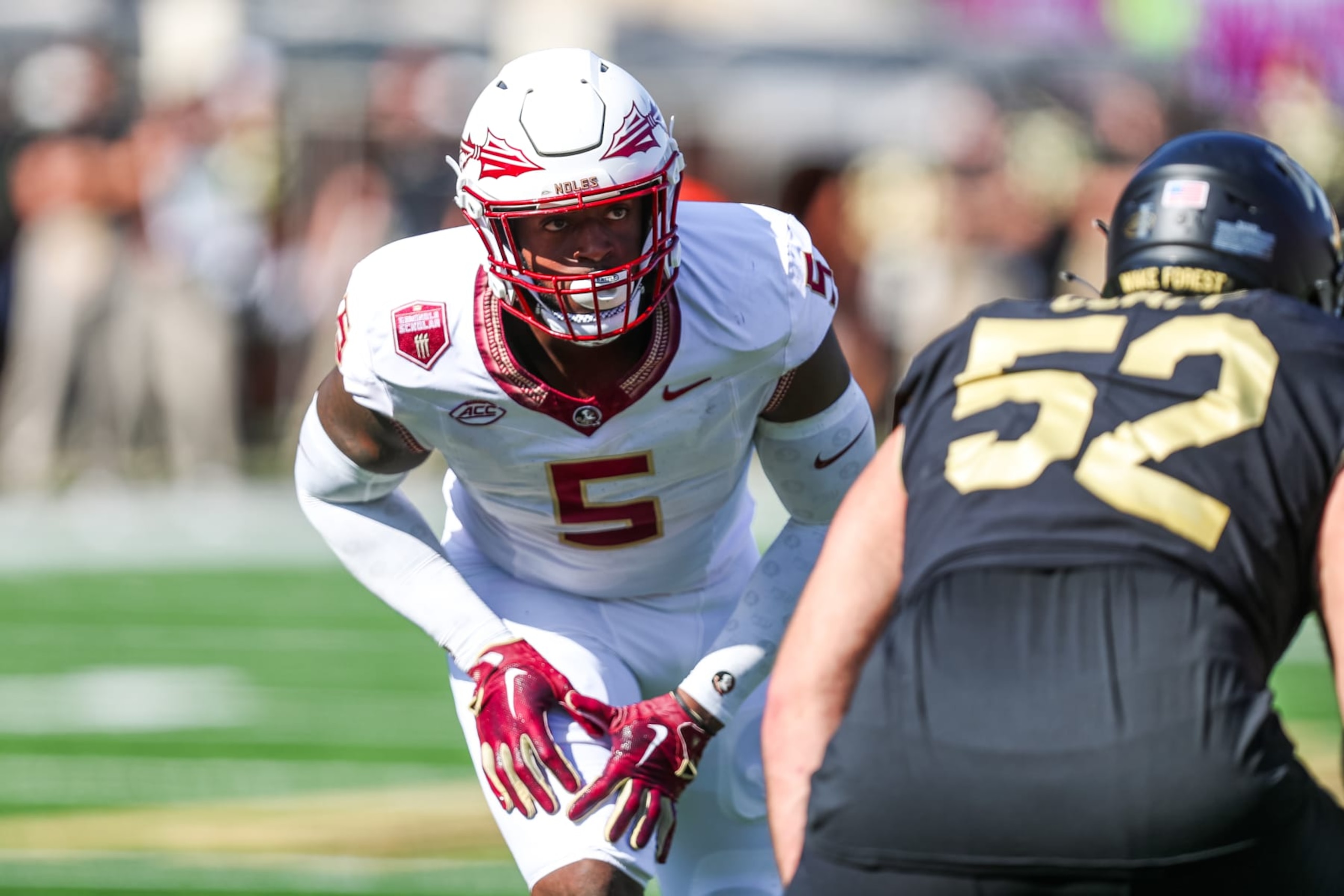 CHARLOTTE, NC - OCTOBER 28: Jared Verse #5 of the Florida State Seminoles reads the backfield during a football game against the Wake Forest Demon Deacons at Allegacy Federal Credit Union Stadium in Winston-Salem, North Carolina on Oct 28, 2023. (Photo by David Jensen/Icon Sportswire via Getty Images) CHARLOTTE, NC - OCTOBER 28: Jared Verse #5 of the Florida State Seminoles reads the backfield during a football game against the Wake Forest Demon Deacons at Allegacy Federal Credit Union Stadium in Winston-Salem, North Carolina on Oct 28, 2023. (Photo by David Jensen/Icon Sportswire via Getty Images)