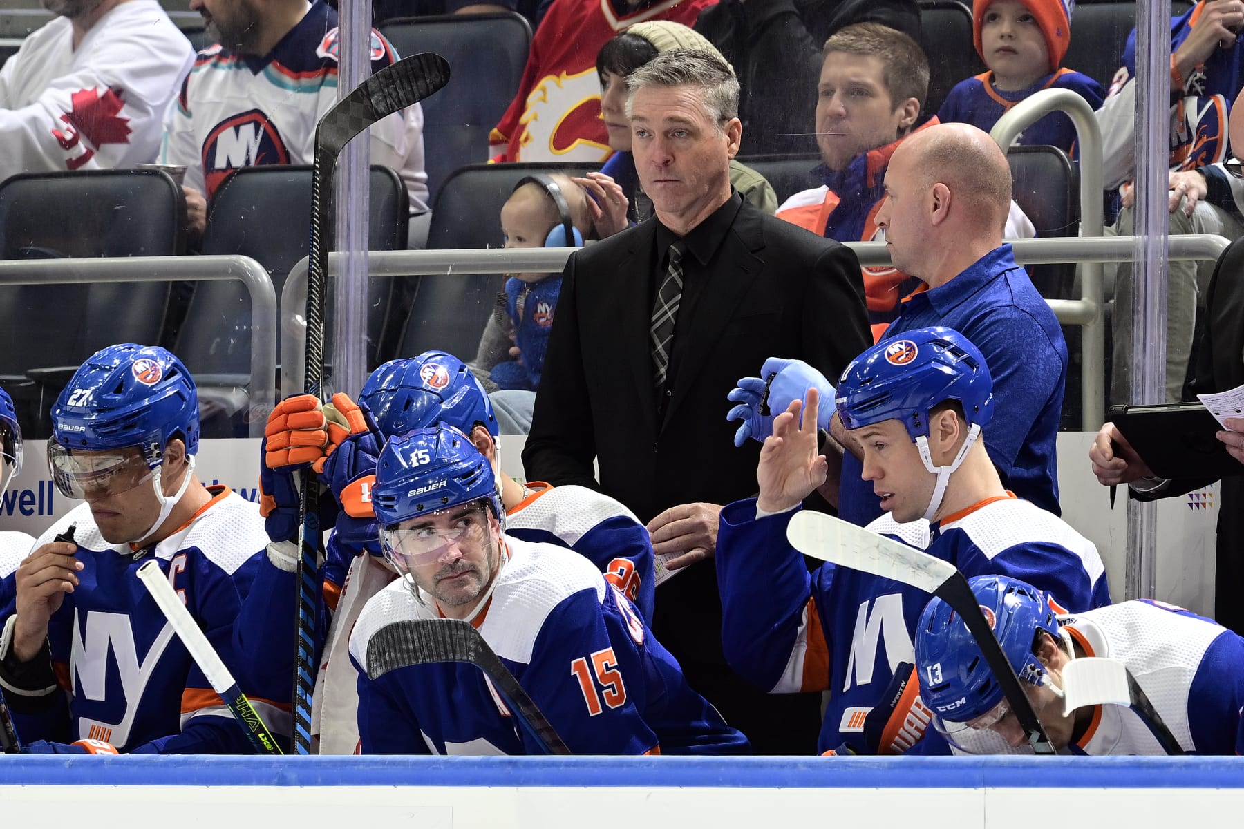 ELMONT, NEW YORK - FEBRUARY 10:  Head coach Patrick Roy of the New York Islanders looks on against the Calgary Flames during the first period at UBS Arena on February 10, 2024 in Elmont, New York. (Photo by Steven Ryan/NHLI via Getty Images)