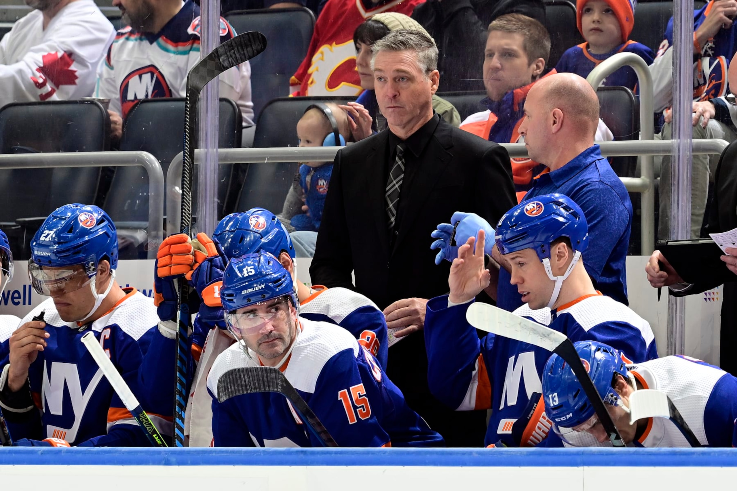 ELMONT, NEW YORK - FEBRUARY 10:  Head coach Patrick Roy of the New York Islanders looks on against the Calgary Flames during the first period at UBS Arena on February 10, 2024 in Elmont, New York. (Photo by Steven Ryan/NHLI via Getty Images)