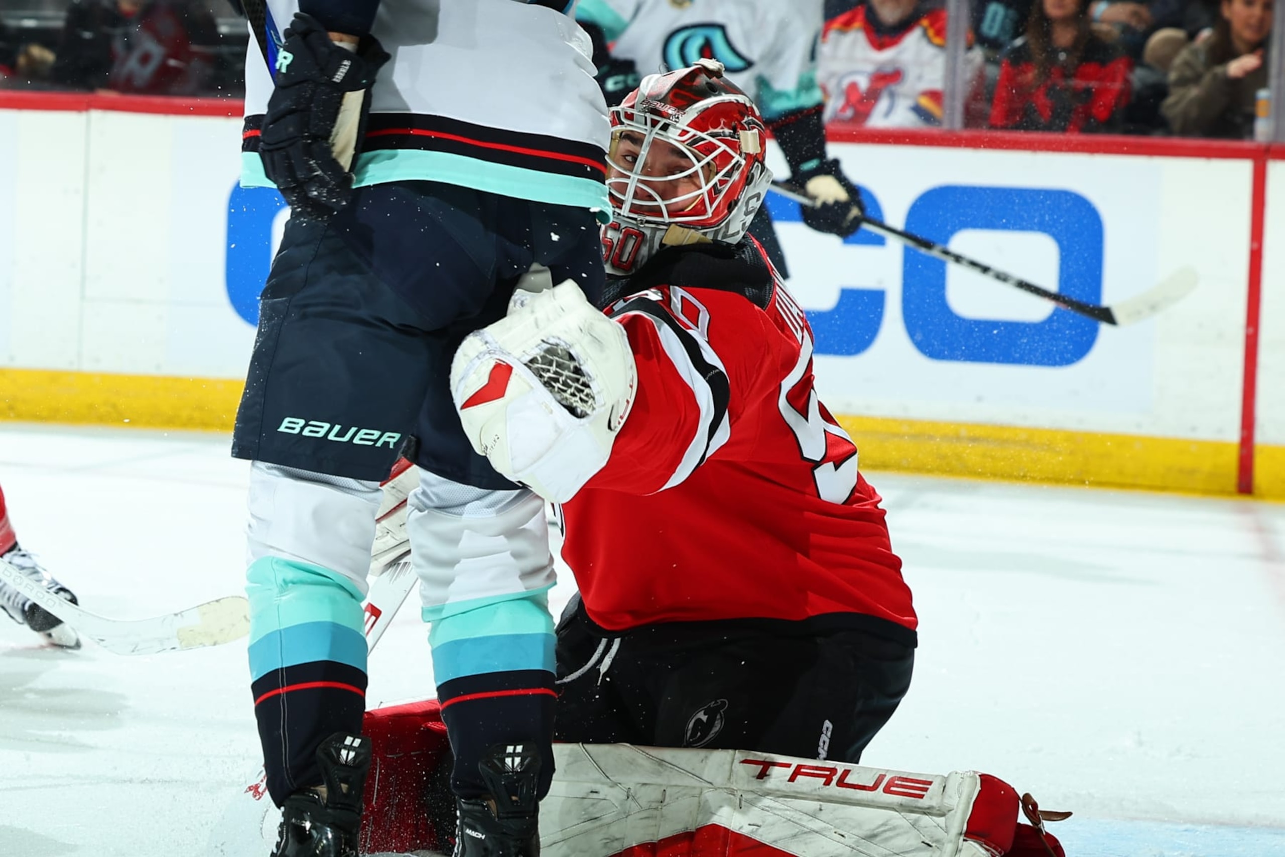 NEWARK, NJ - FEBRUARY 12: Nico Daws #50 of the New Jersey Devils defends his net in the second period of the game against the Seattle Kraken at the Prudential Center on February 12, 2024 in Newark, New Jersey.  (Photo by Rich Graessle/NHLI via Getty Images)