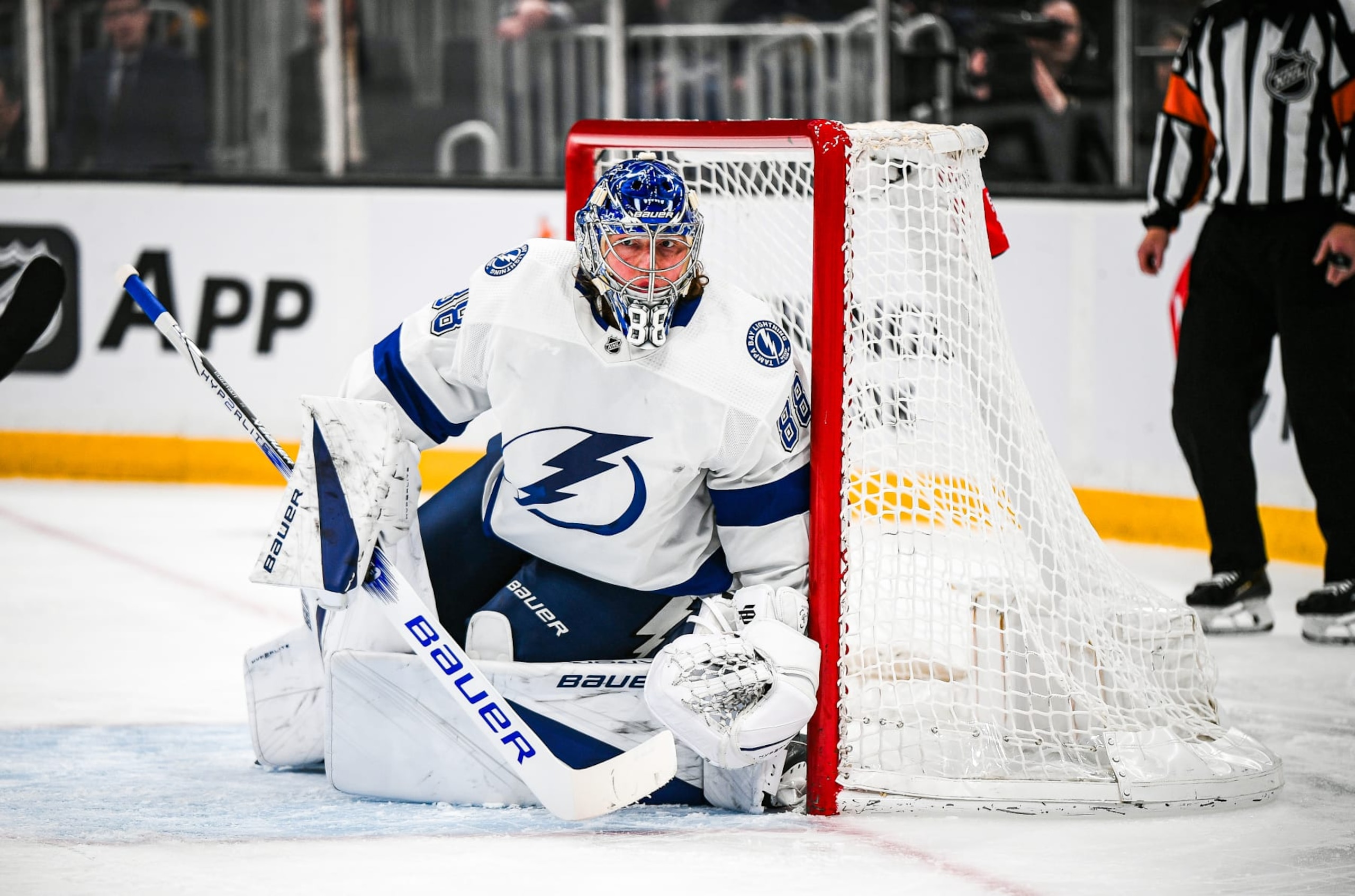BOSTON, MASSACHUSETTS - FEBRUARY 13: Andrei Vasilevskiy #88 of the Tampa Bay Lightning tends the net during the first period against the Boston Bruins at TD Garden on February 13, 2024 in Boston, Massachusetts. (Photo by China Wong/NHLI via Getty Images)