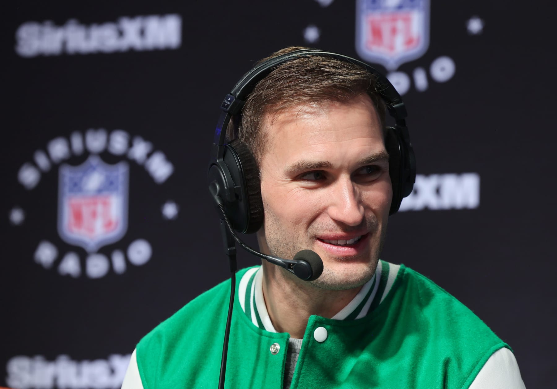 LAS VEGAS, NEVADA - FEBRUARY 09: Kirk Cousins speaks on SiriusXM at Super Bowl LVIII on February 09, 2024 in Las Vegas, Nevada. (Photo by Cindy Ord/Getty Images for SiriusXM)